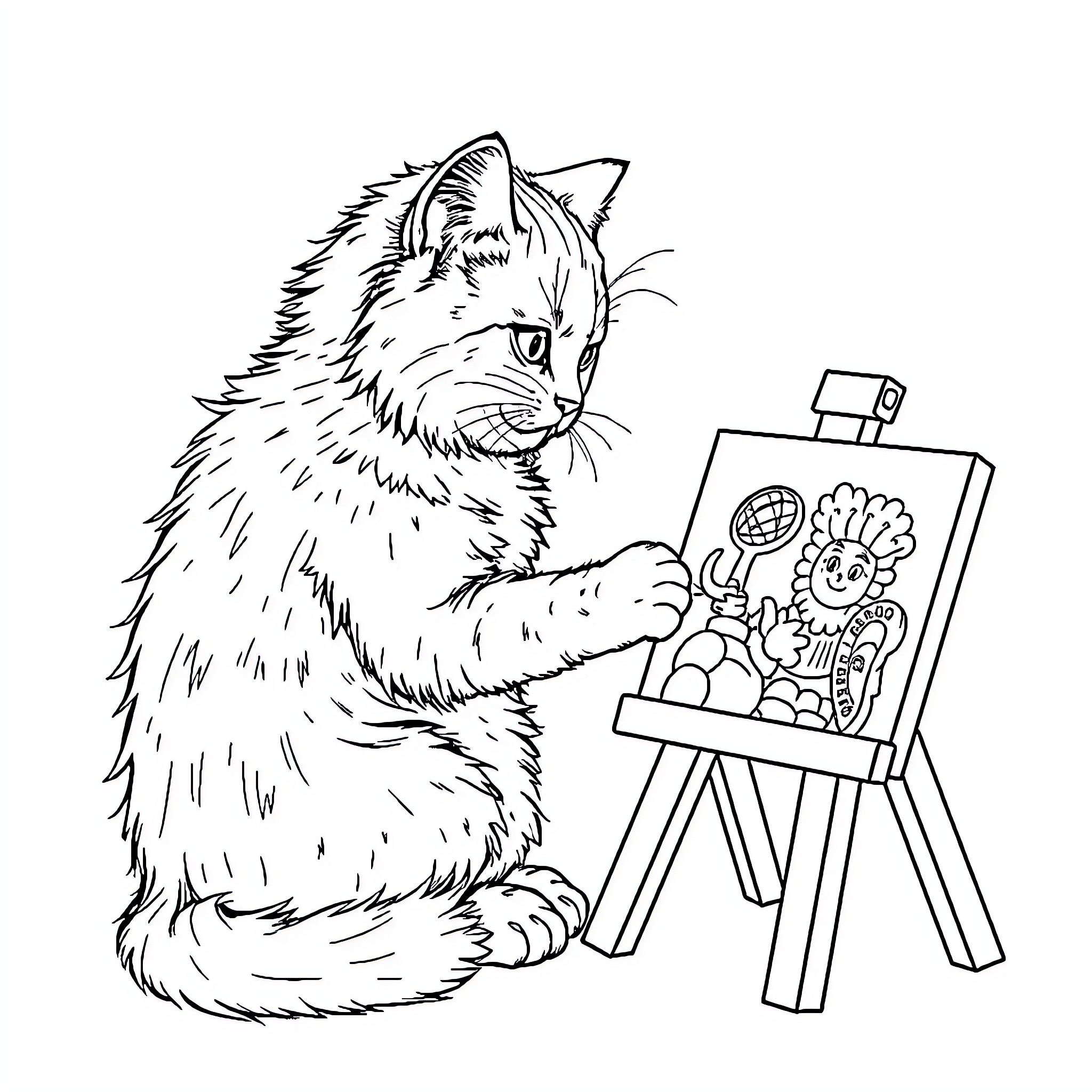 Cat Painting Picture on Easel Coloring Page (free black-and-white line drawing printable PDF for all, from beginners to advanced learners, including children, teens, adults, and seniors)