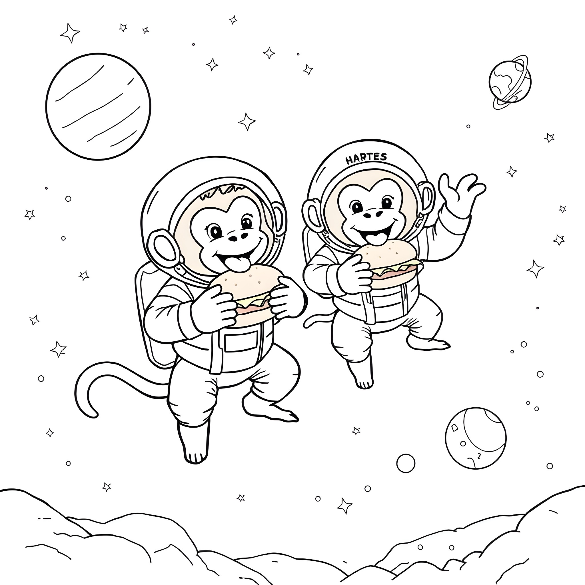 Monkeys in Astronaut Suits Exploring Space Coloring Page (free black-and-white line drawing printable PDF for all, from beginners to advanced learners, including children, teens, adults, and seniors)