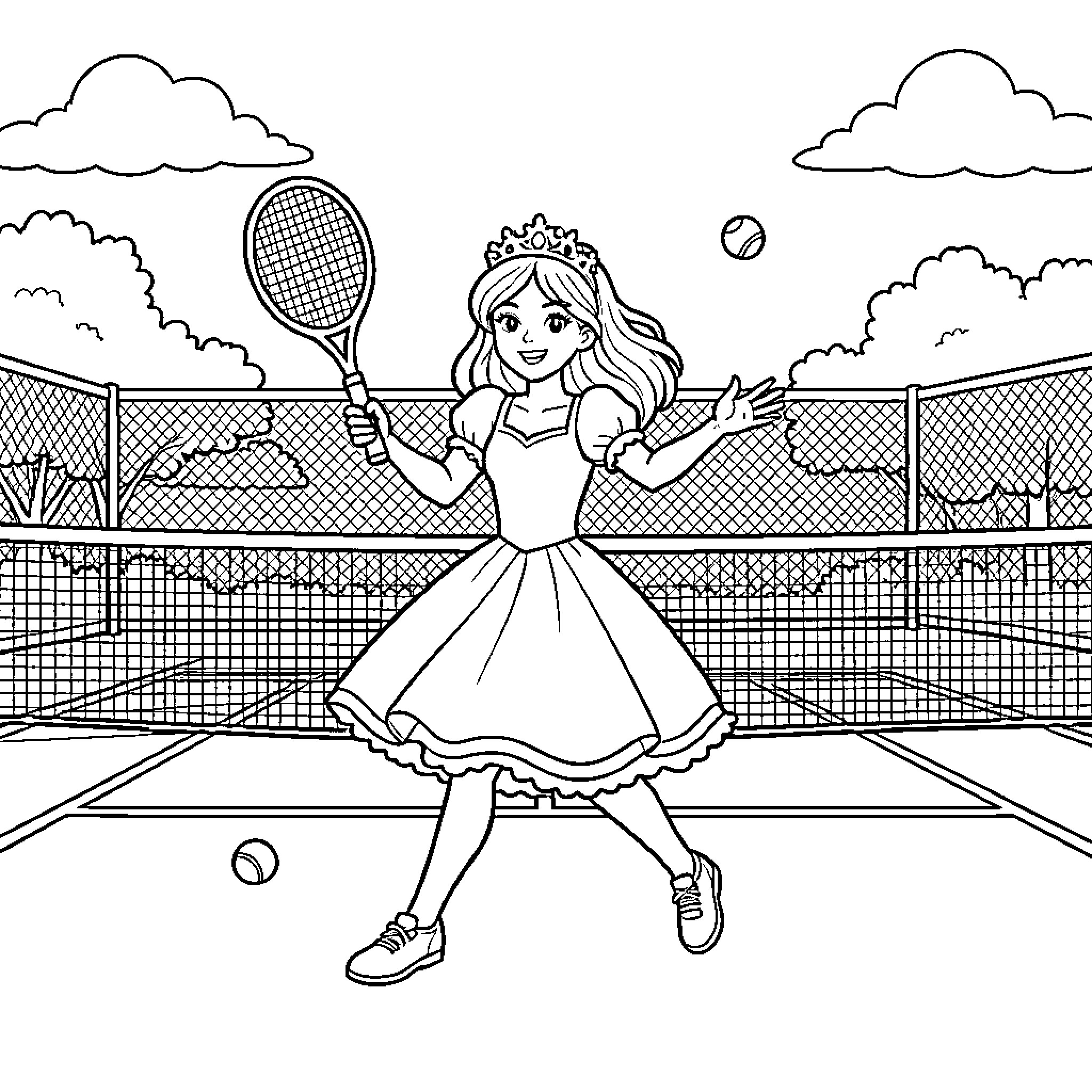 Princess playing tennis on a court Coloring Page (free black-and-white line drawing printable PDF for all, from beginners to advanced learners, including children, teens, adults, and seniors)