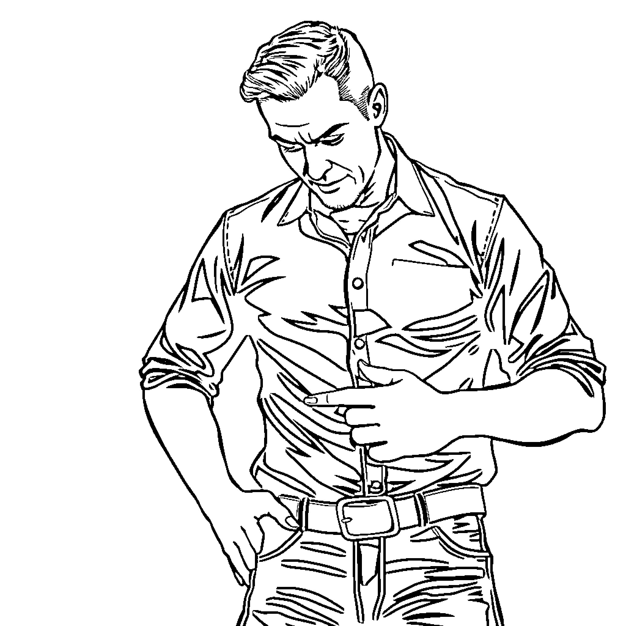 Man in Serious Contemplation Coloring Page (free black-and-white line drawing printable PDF for all, from beginners to advanced learners, including children, teens, adults, and seniors)