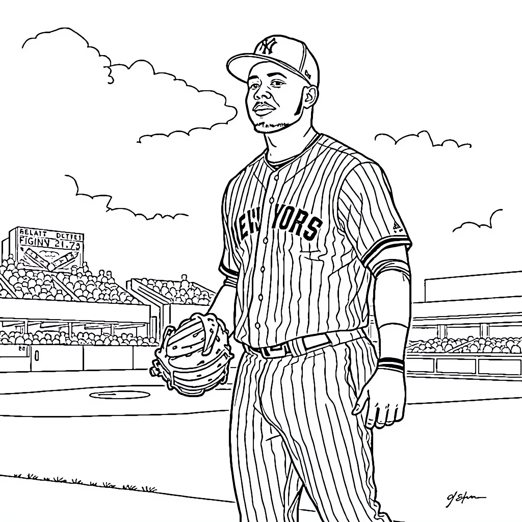 Rafael Devers playing baseball in the stadium Coloring Page (free black-and-white line drawing printable PDF for all, from beginners to advanced learners, including children, teens, adults, and seniors)