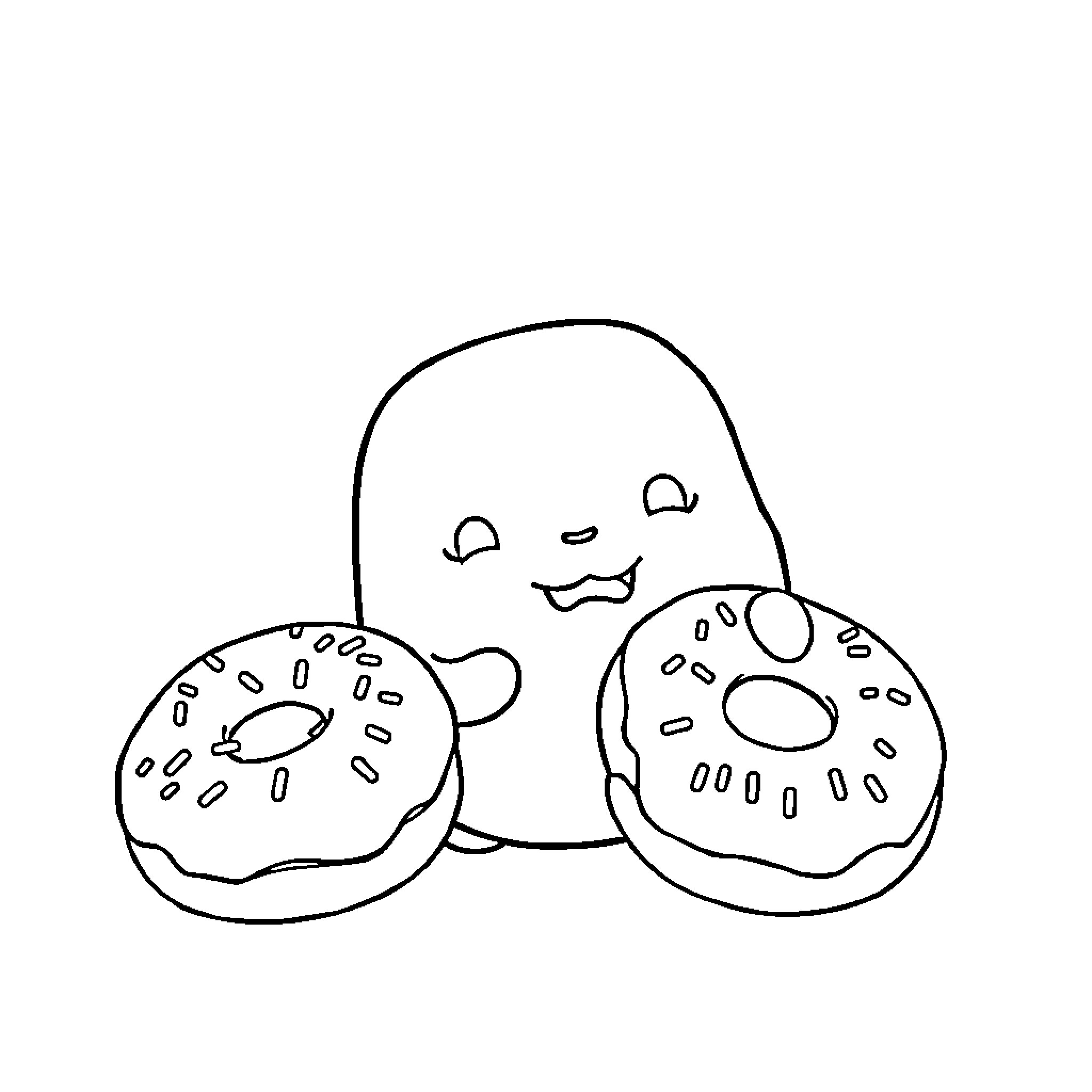Squishmallow friends enjoying sweet treats Coloring Page (free black-and-white line drawing printable PDF for all, from beginners to advanced learners, including children, teens, adults, and seniors)