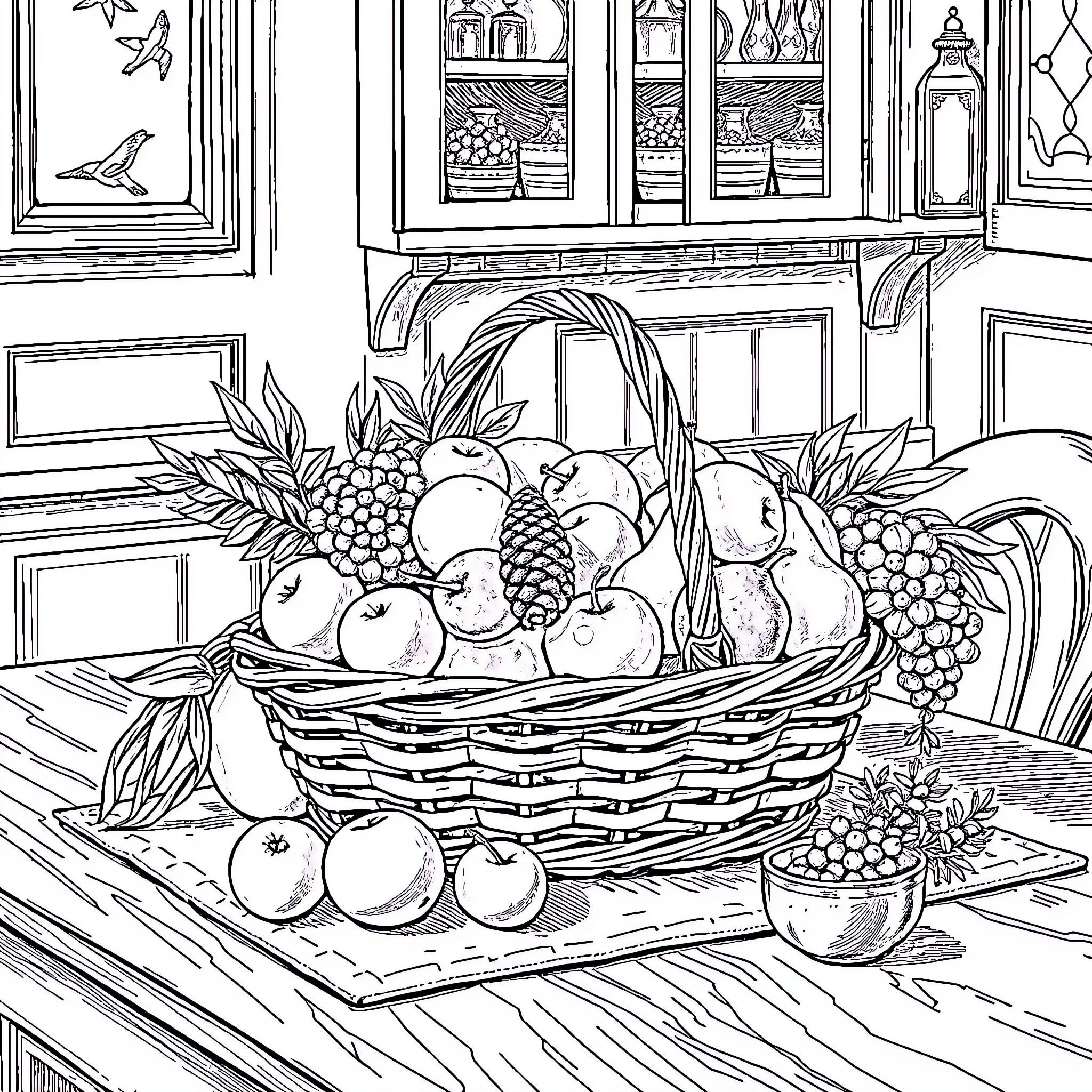 Picnic Basket Filled with Bountiful Harvest Coloring Page (free black-and-white line drawing printable PDF for all, from beginners to advanced learners, including children, teens, adults, and seniors)