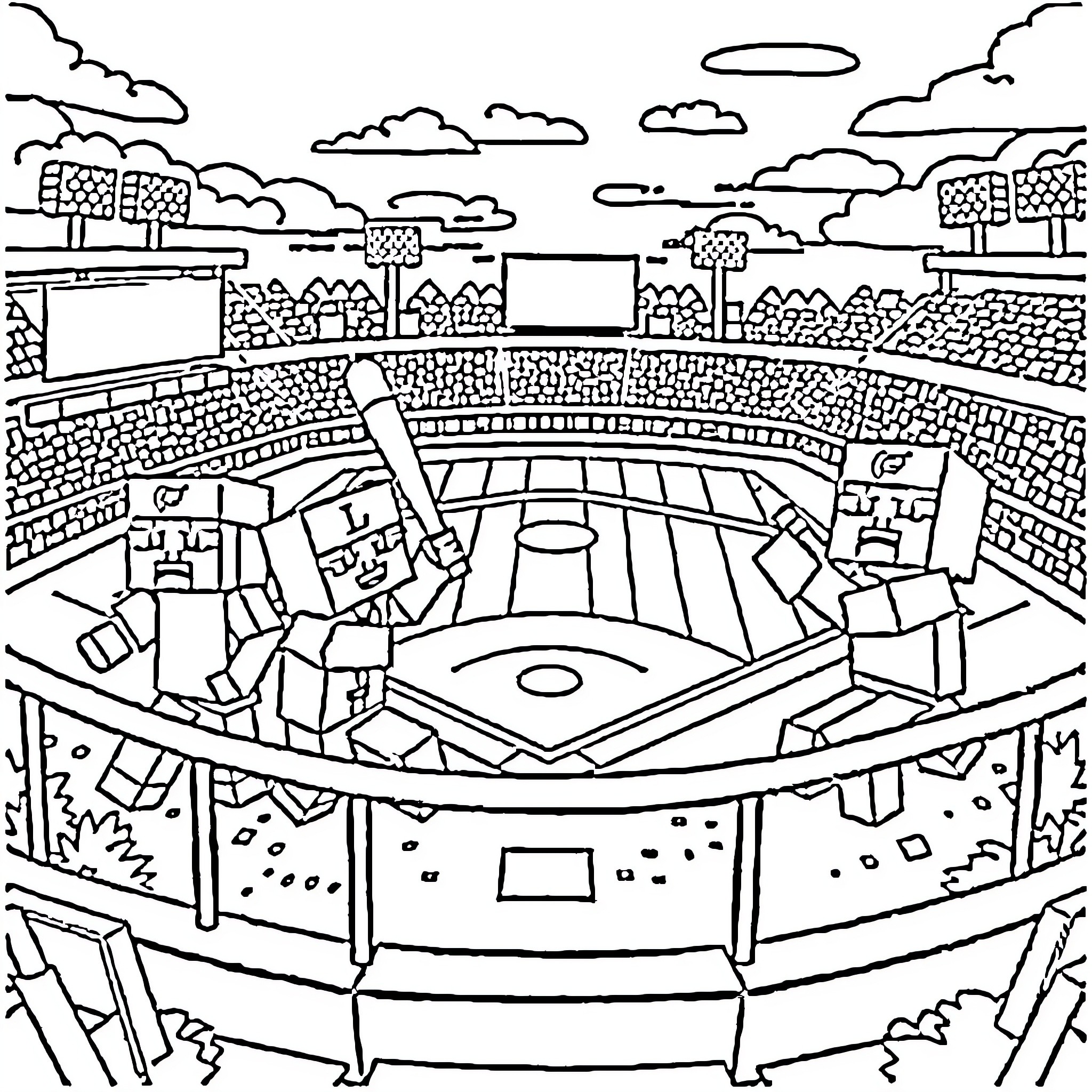 Minecraft baseball stadium with players and crowd Coloring Page (free black-and-white line drawing printable PDF for all, from beginners to advanced learners, including children, teens, adults, and seniors)