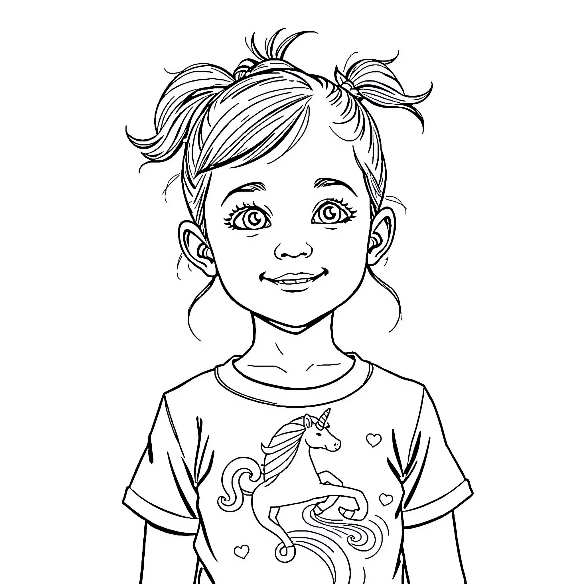 Girl in Unicorn Shirt Smiling Happily Coloring Page (free black-and-white line drawing printable PDF for all, from beginners to advanced learners, including children, teens, adults, and seniors)