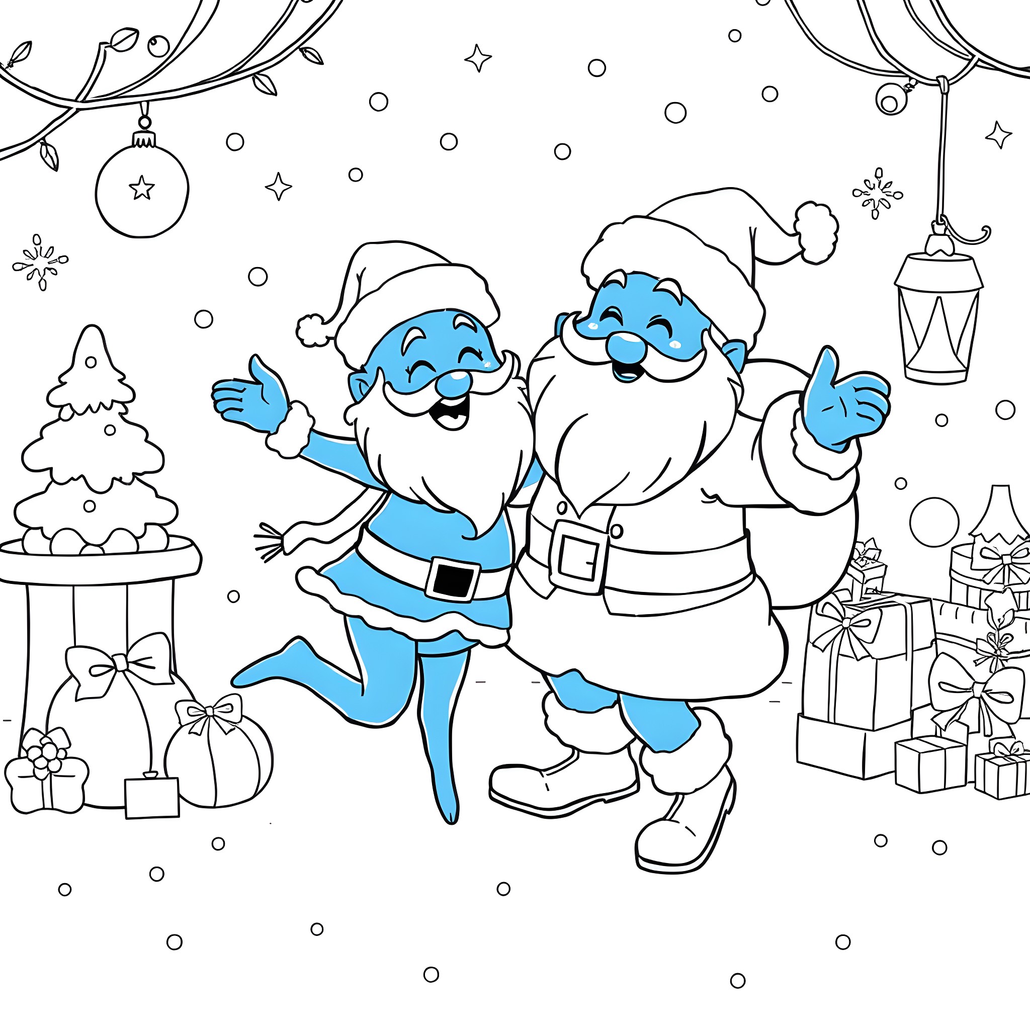 Bluey's Merry Christmas with Santa Coloring Page (free black-and-white line drawing printable PDF for all, from beginners to advanced learners, including children, teens, adults, and seniors)