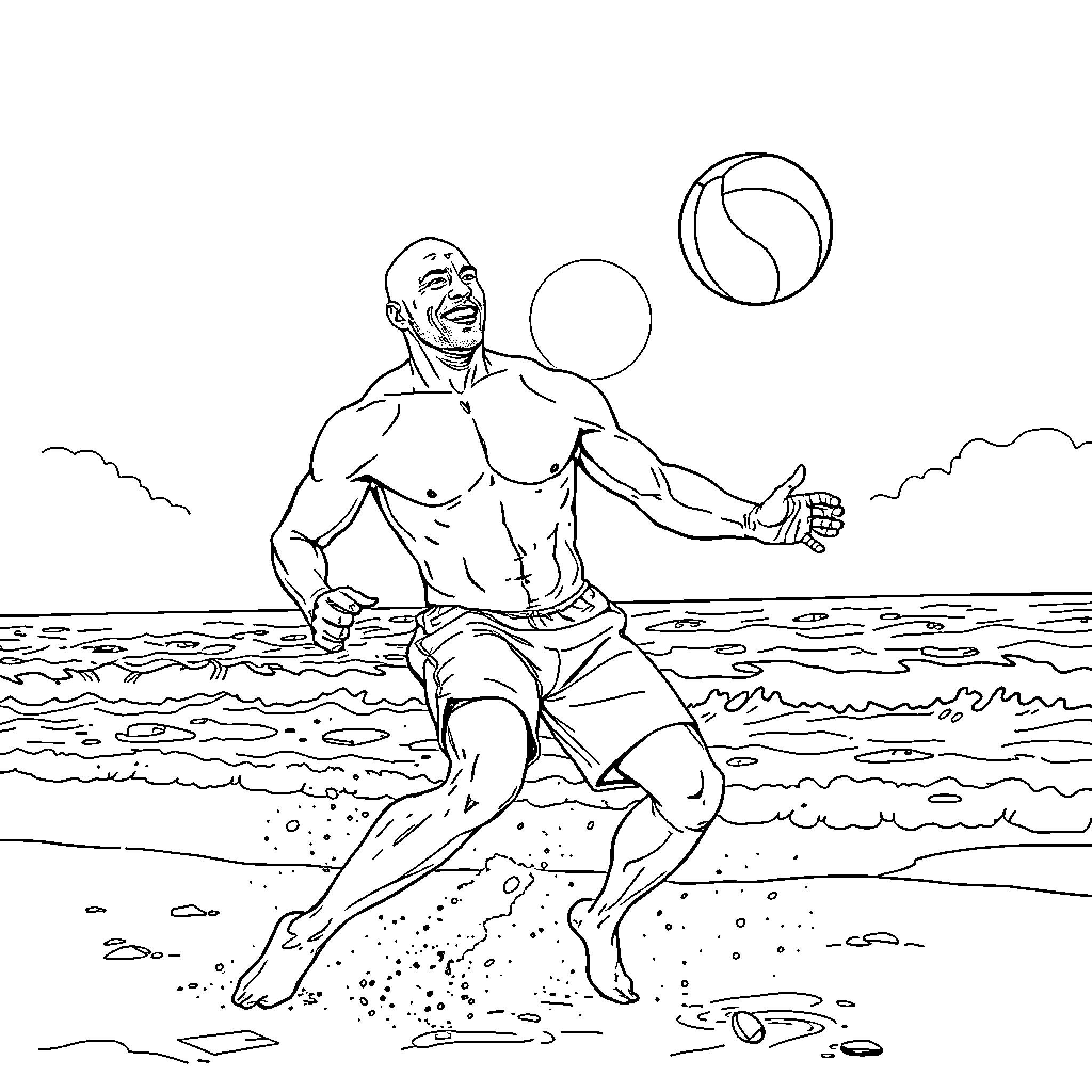 Dwayne Johnson playing with beach ball in the ocean Coloring Page (free black-and-white line drawing printable PDF for all, from beginners to advanced learners, including children, teens, adults, and seniors)