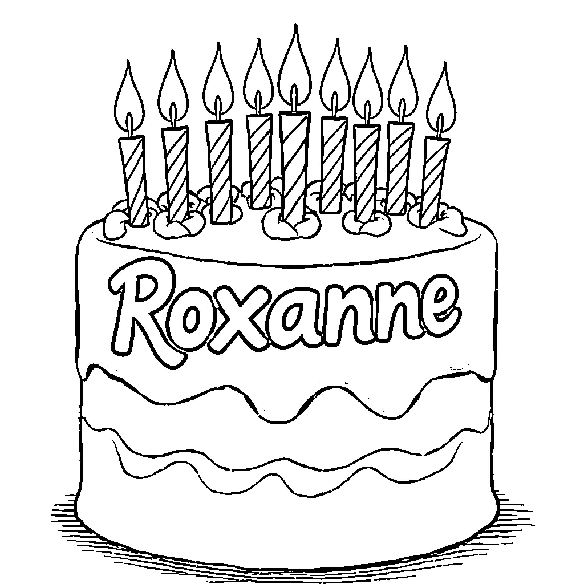 Birthday Cake with Lit Candles for Roxanne Coloring Page (free black-and-white line drawing printable PDF for all, from beginners to advanced learners, including children, teens, adults, and seniors)