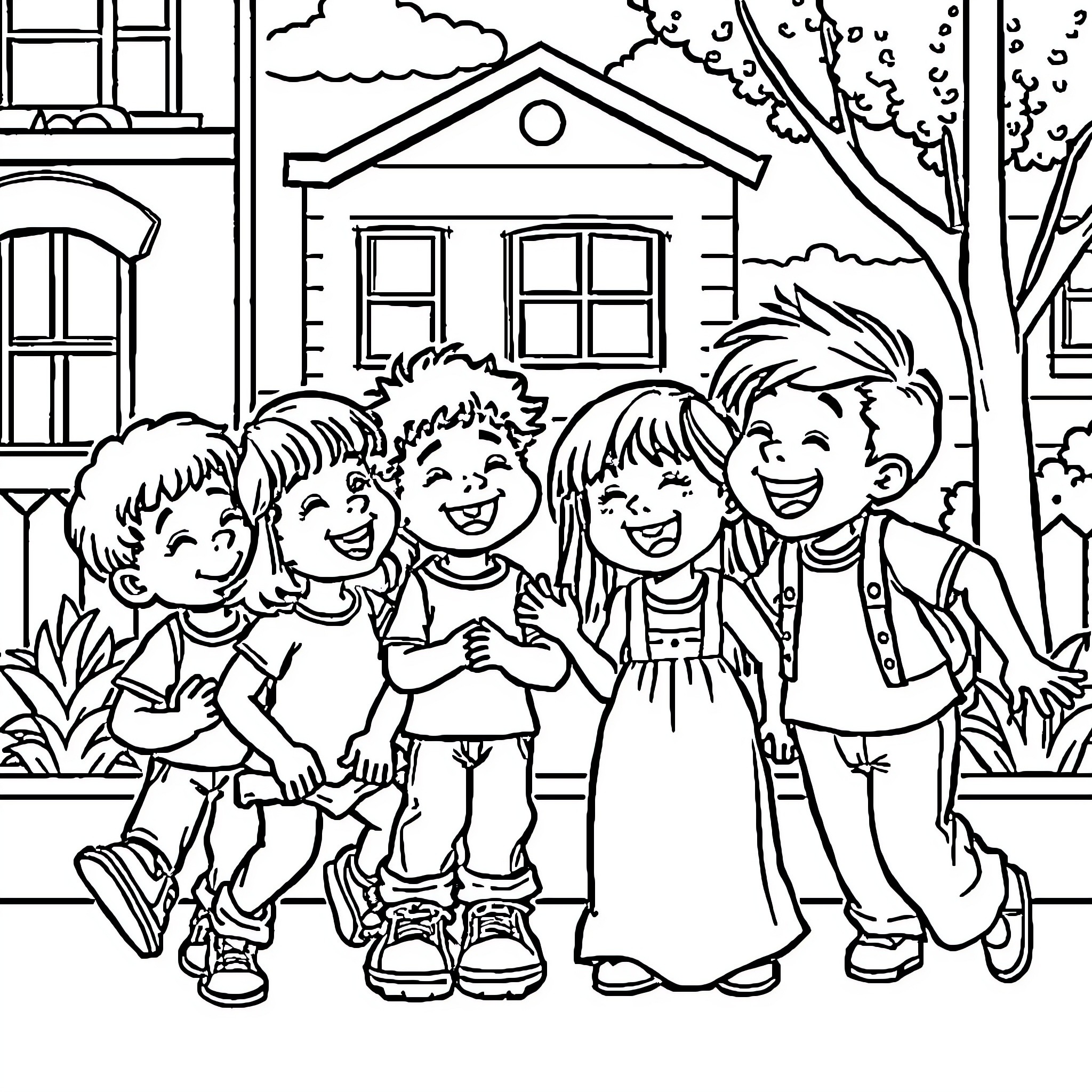 Kid friends playing happily outside their house Coloring Page (free black-and-white line drawing printable PDF for all, from beginners to advanced learners, including children, teens, adults, and seniors)