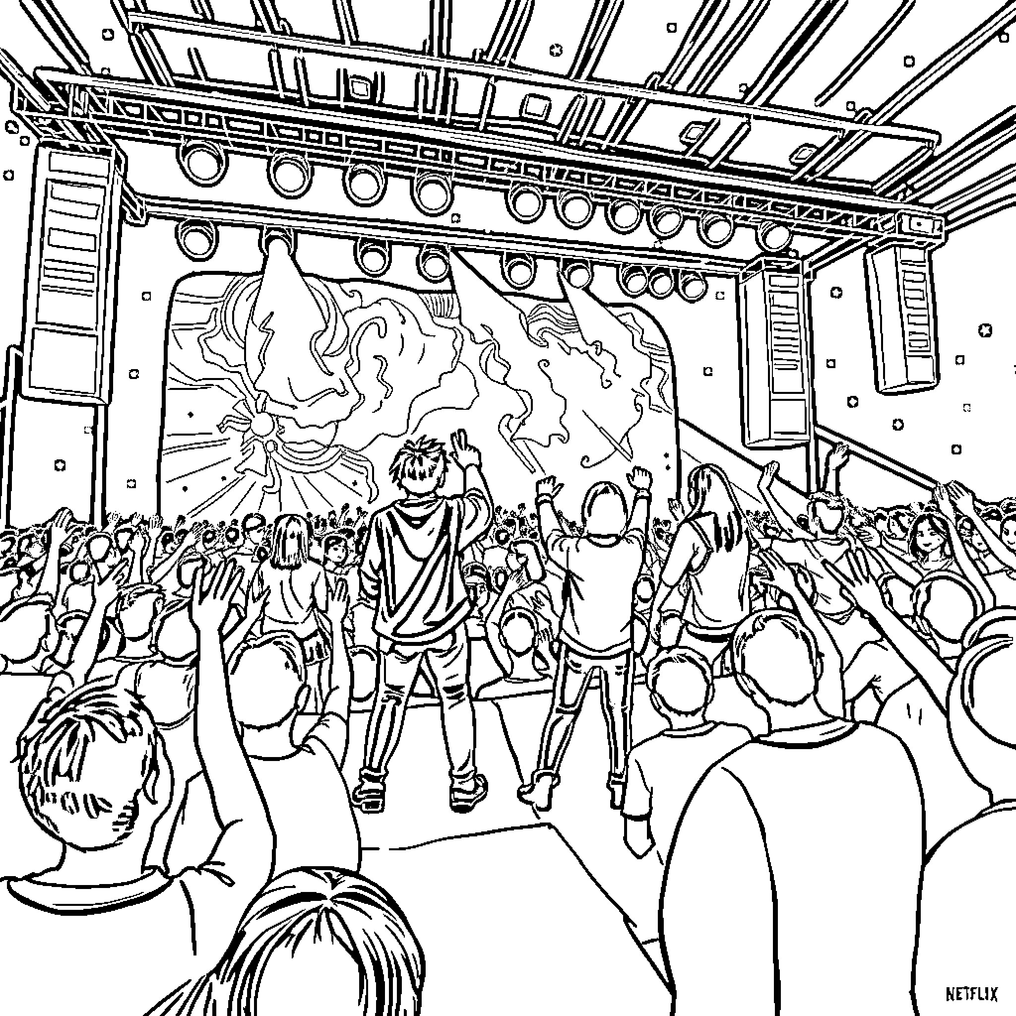 K Pop Performance on a Lively Stage Coloring Page (free black-and-white line drawing printable PDF for all, from beginners to advanced learners, including children, teens, adults, and seniors)