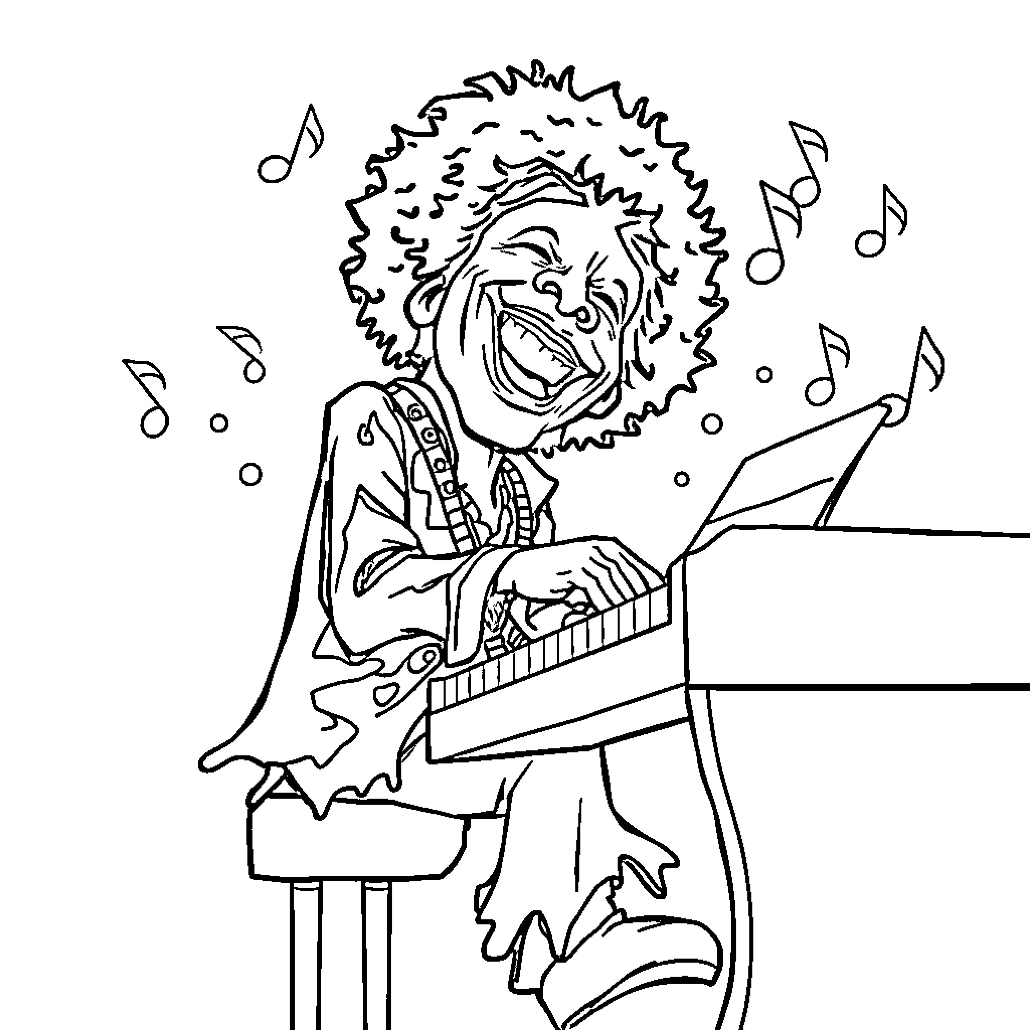 Jimi Hendrix passionately playing guitar on stage Coloring Page (free black-and-white line drawing printable PDF for all, from beginners to advanced learners, including children, teens, adults, and seniors)