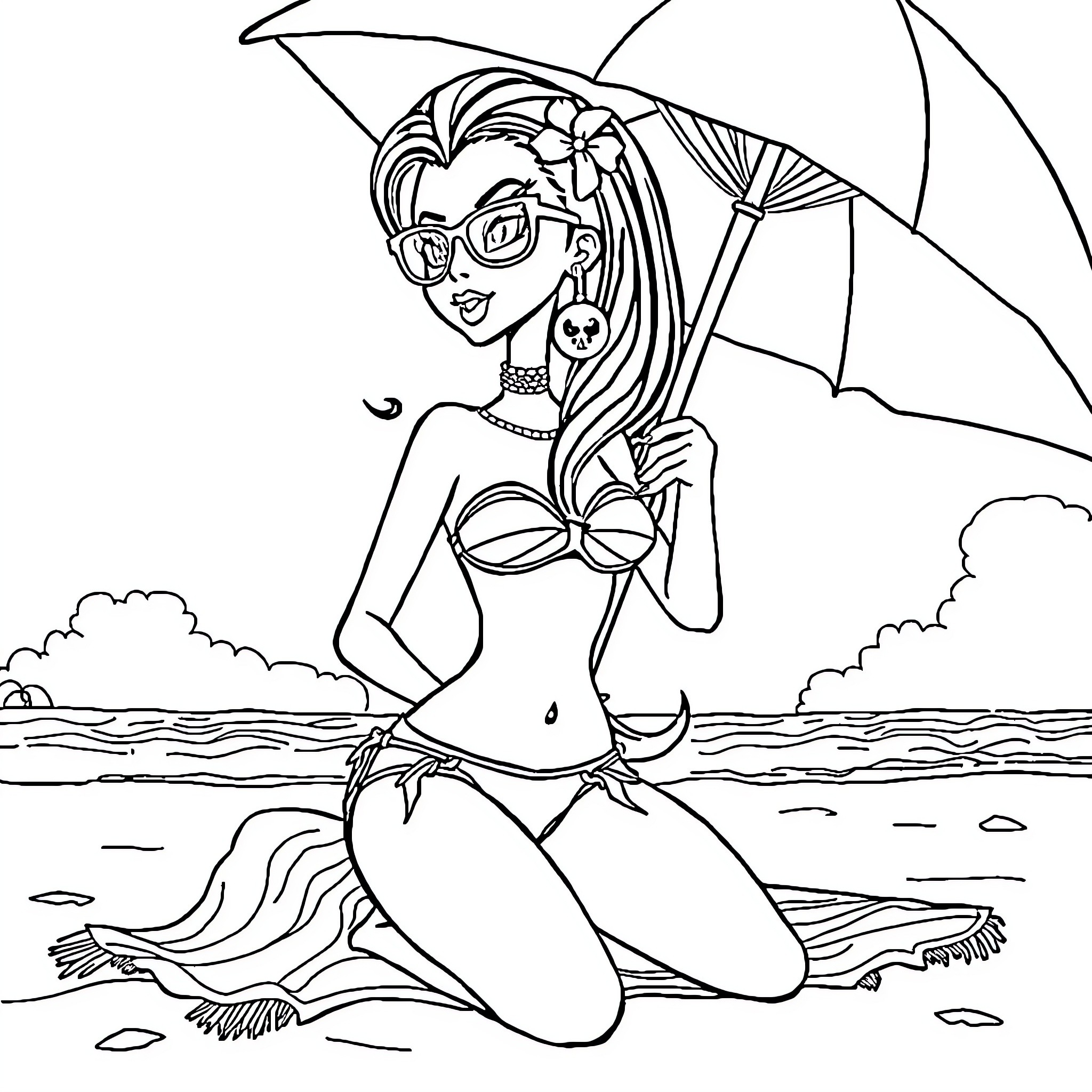 Draculaura enjoying a sunny day at the beach Coloring Page (free black-and-white line drawing printable PDF for all, from beginners to advanced learners, including children, teens, adults, and seniors)