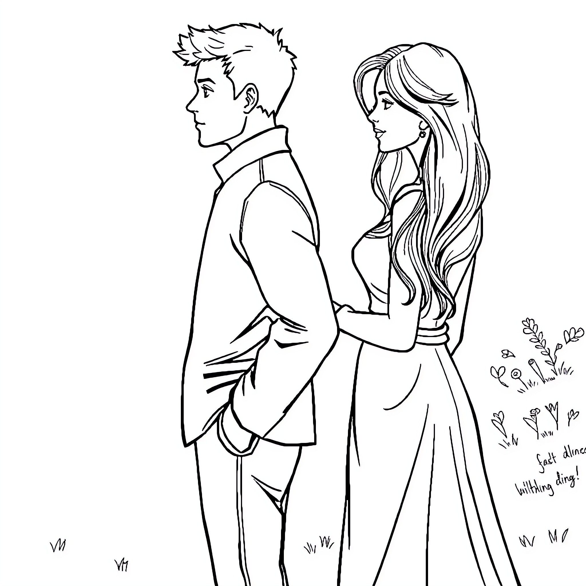 Wife and husband in formal attire Coloring Page (free black-and-white line drawing printable PDF for all, from beginners to advanced learners, including children, teens, adults, and seniors)