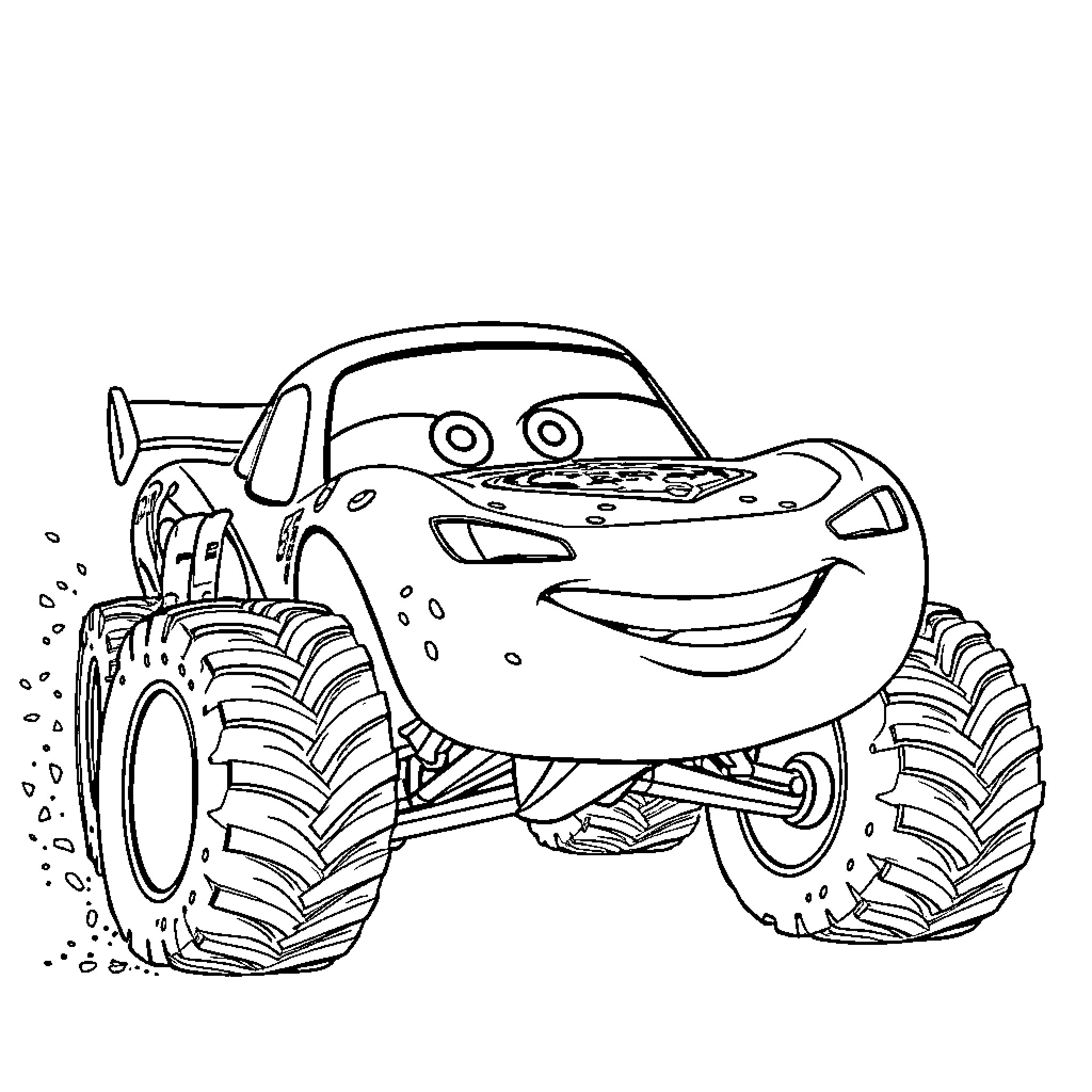 Lightning McQueen's Monstrous Adventure Coloring Page (free black-and-white line drawing printable PDF for all, from beginners to advanced learners, including children, teens, adults, and seniors)