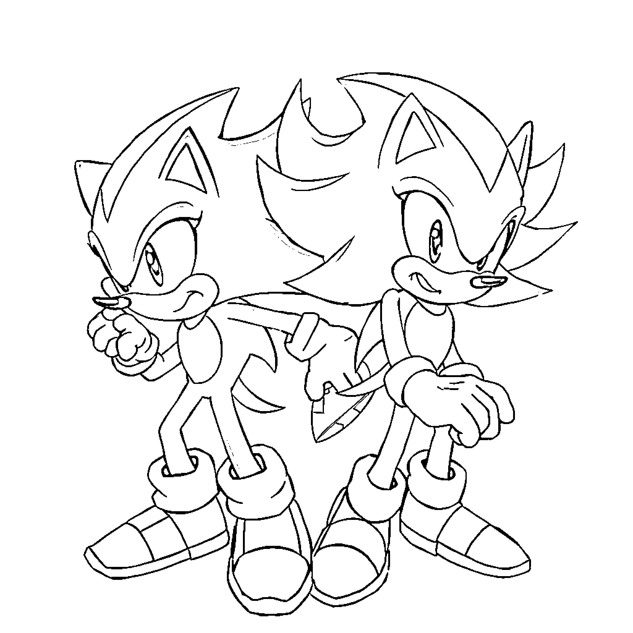 Sonic Characters Posing Playfully Coloring Page (free black-and-white line drawing printable PDF for all, from beginners to advanced learners, including children, teens, adults, and seniors)