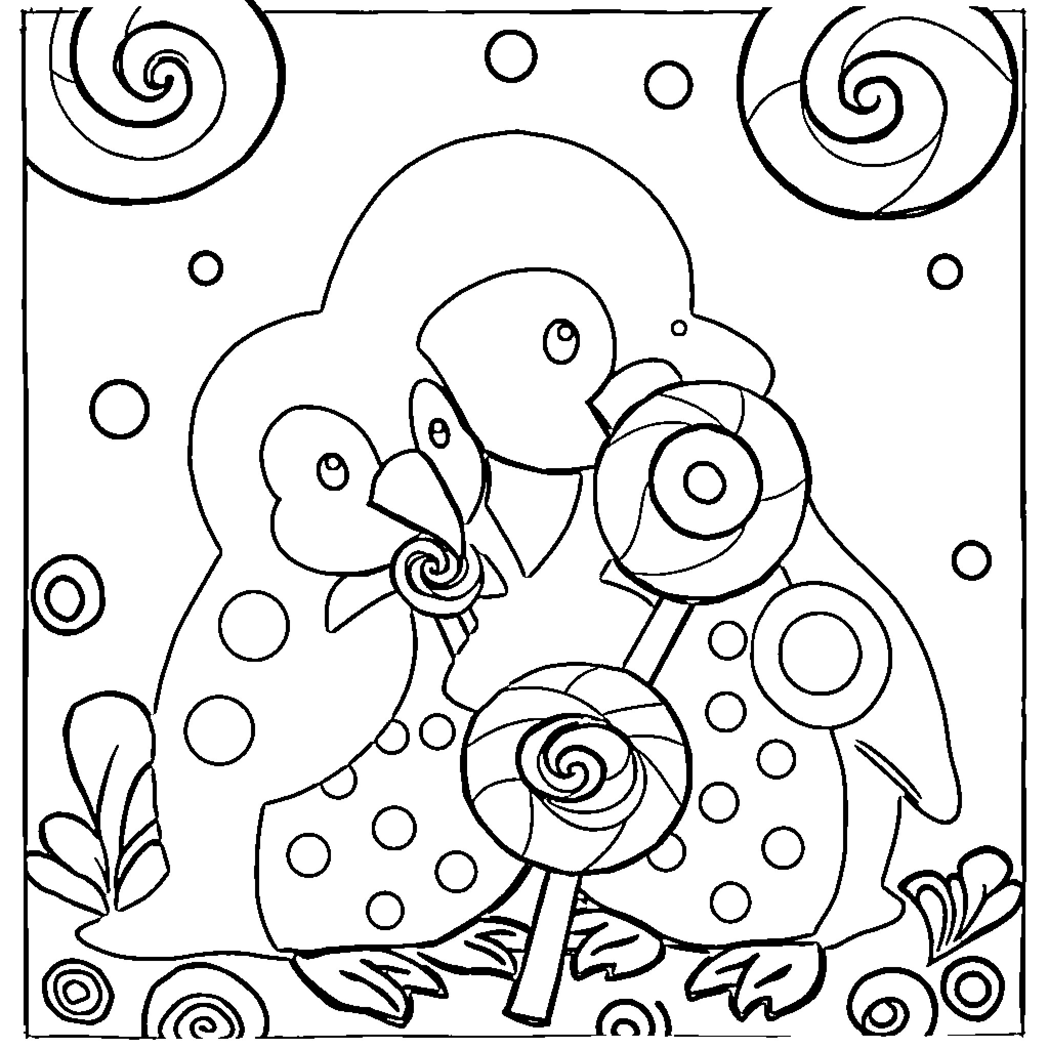 Penguin playing with flowers and spirals Coloring Page (free black-and-white line drawing printable PDF for all, from beginners to advanced learners, including children, teens, adults, and seniors)