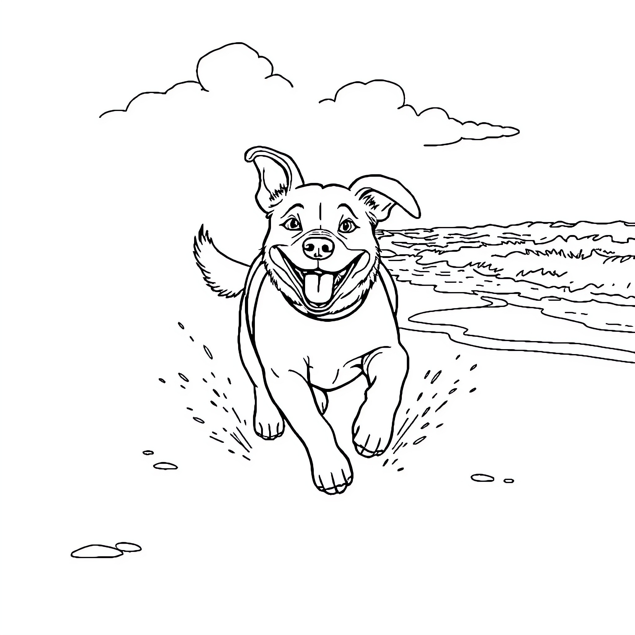 Dog happily running on the beach Coloring Page (free black-and-white line drawing printable PDF for all, from beginners to advanced learners, including children, teens, adults, and seniors)