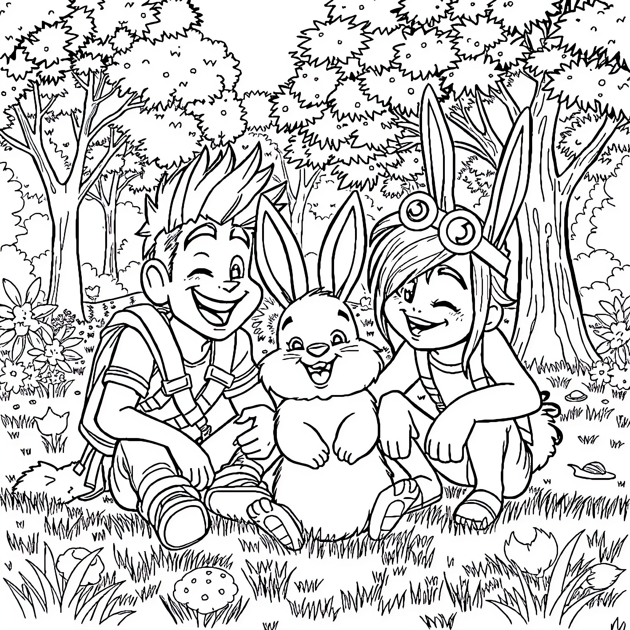 HUNTR/X Cartoon characters playing happily in the forest Coloring Page (free black-and-white line drawing printable PDF for all, from beginners to advanced learners, including children, teens, adults, and seniors)