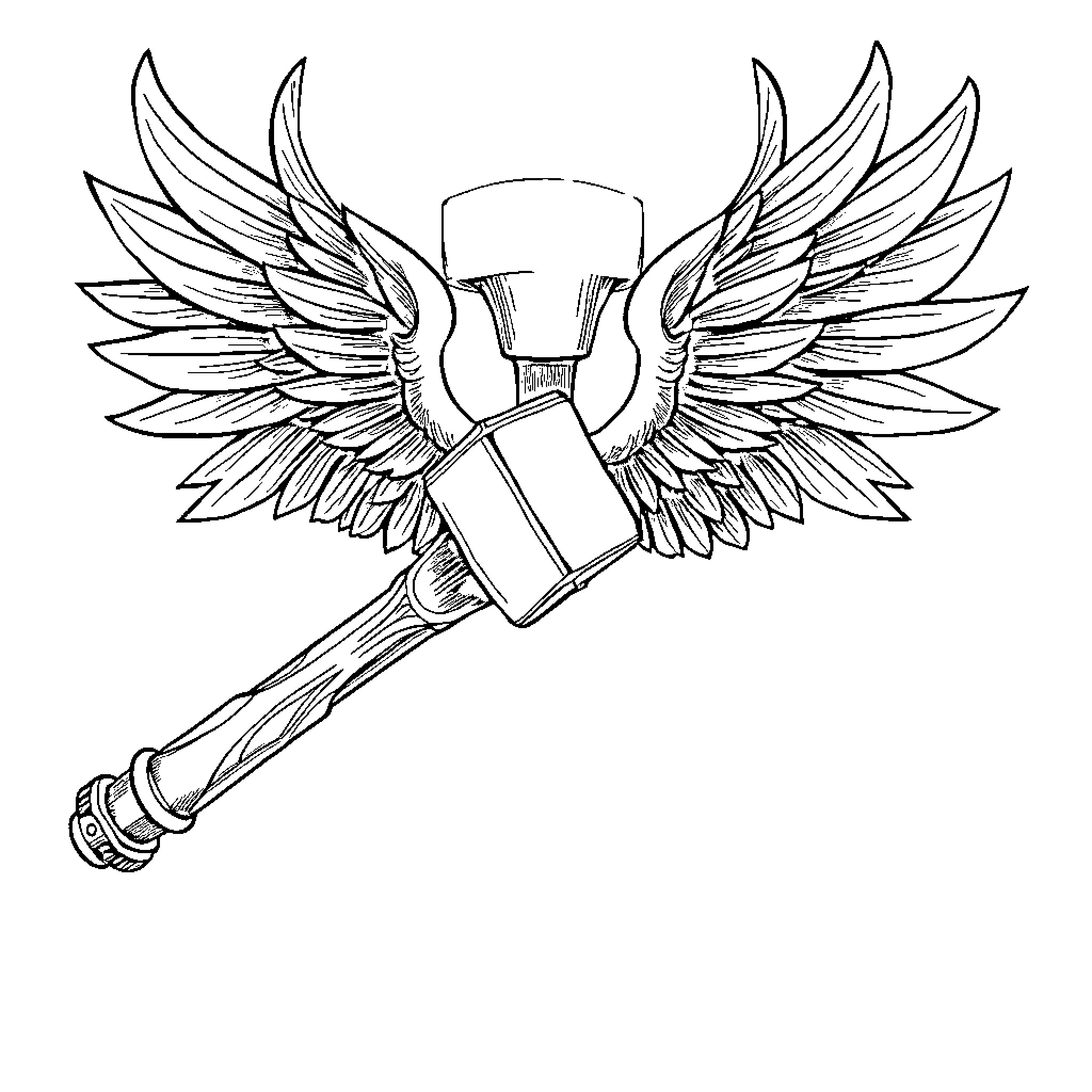 Hammer with Angelic Wings Coloring Page (free black-and-white line drawing printable PDF for all, from beginners to advanced learners, including children, teens, adults, and seniors)