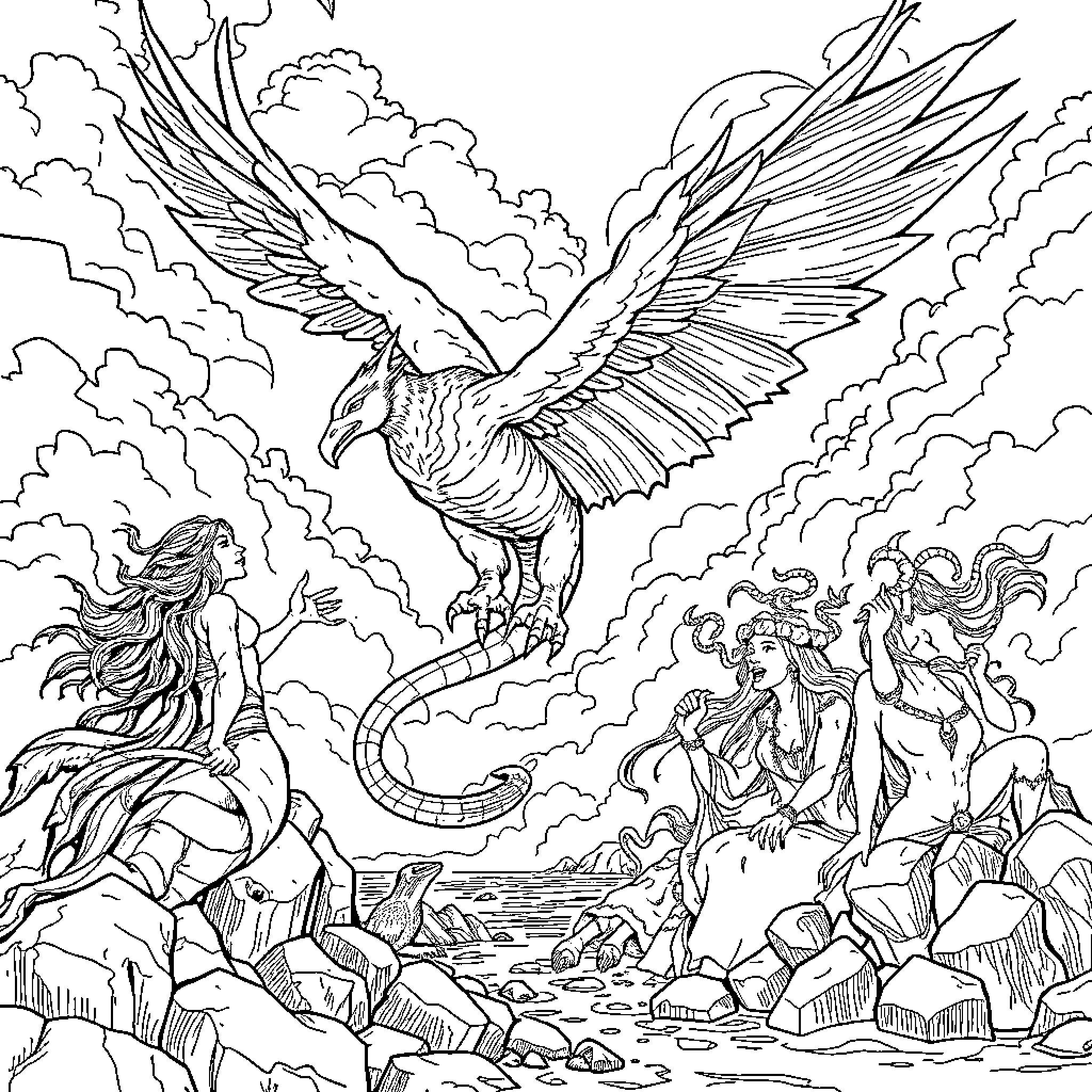 Harpie's Dramatic Descent into Otherworldly Realm Coloring Page (free black-and-white line drawing printable PDF for all, from beginners to advanced learners, including children, teens, adults, and seniors)