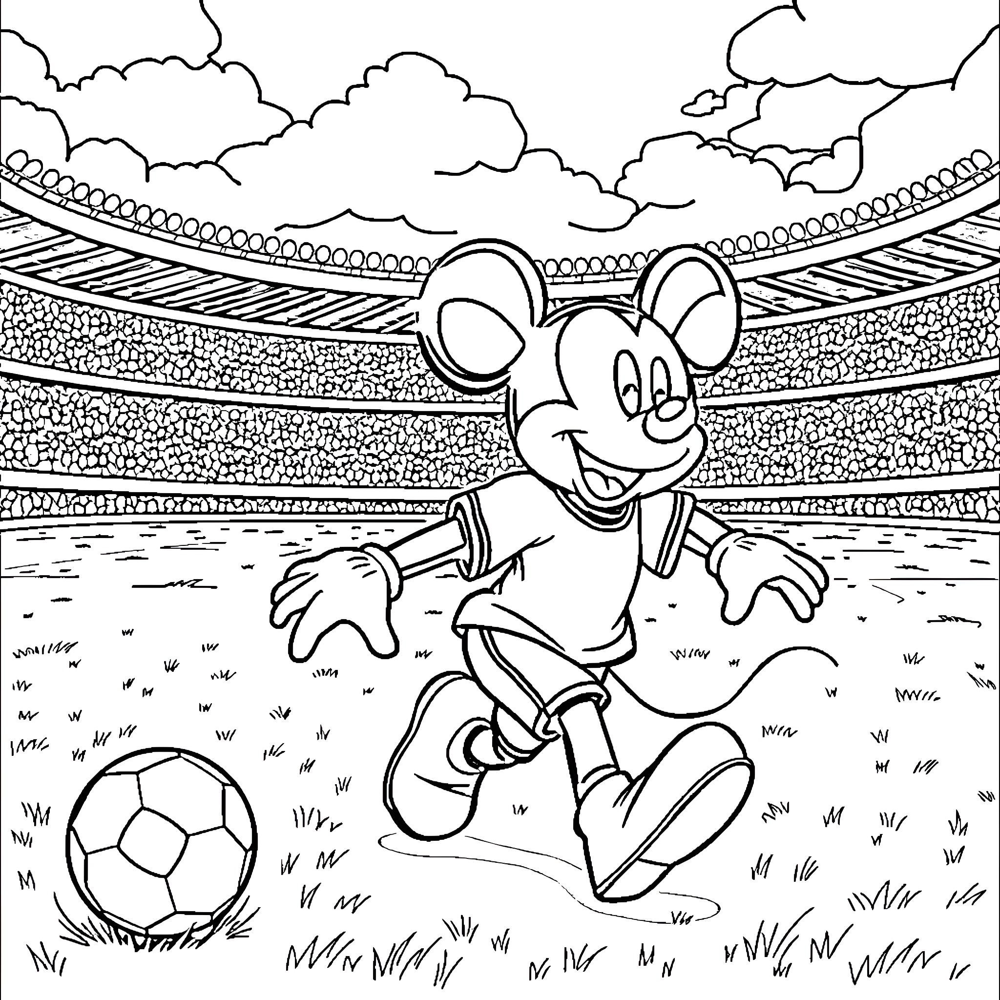 Mickey Mouse playing soccer in a stadium Coloring Page (free black-and-white line drawing printable PDF for all, from beginners to advanced learners, including children, teens, adults, and seniors)