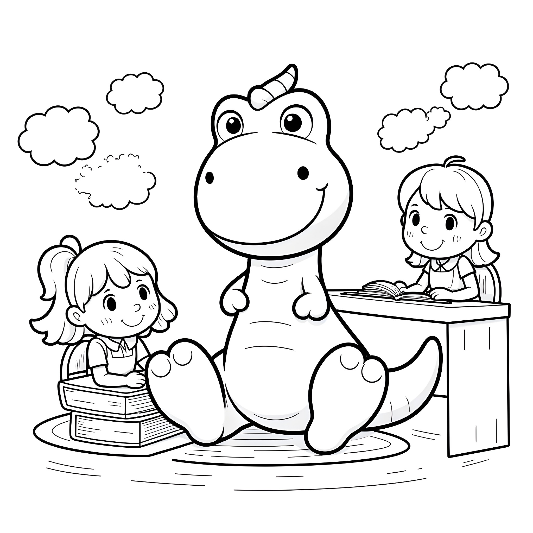 Dinosaur friends learning together in the classroom Coloring Page (free black-and-white line drawing printable PDF for all, from beginners to advanced learners, including children, teens, adults, and seniors)