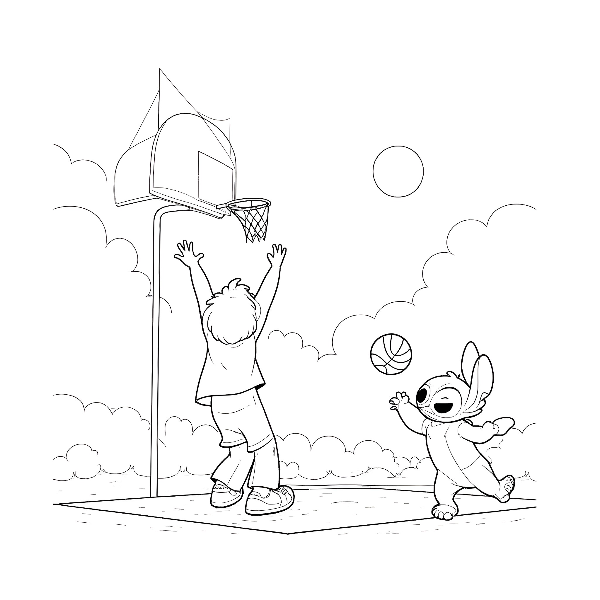Lilo And Stitch Enjoying Outdoor Basketball Game Coloring Page (free black-and-white line drawing printable PDF for all, from beginners to advanced learners, including children, teens, adults, and seniors)