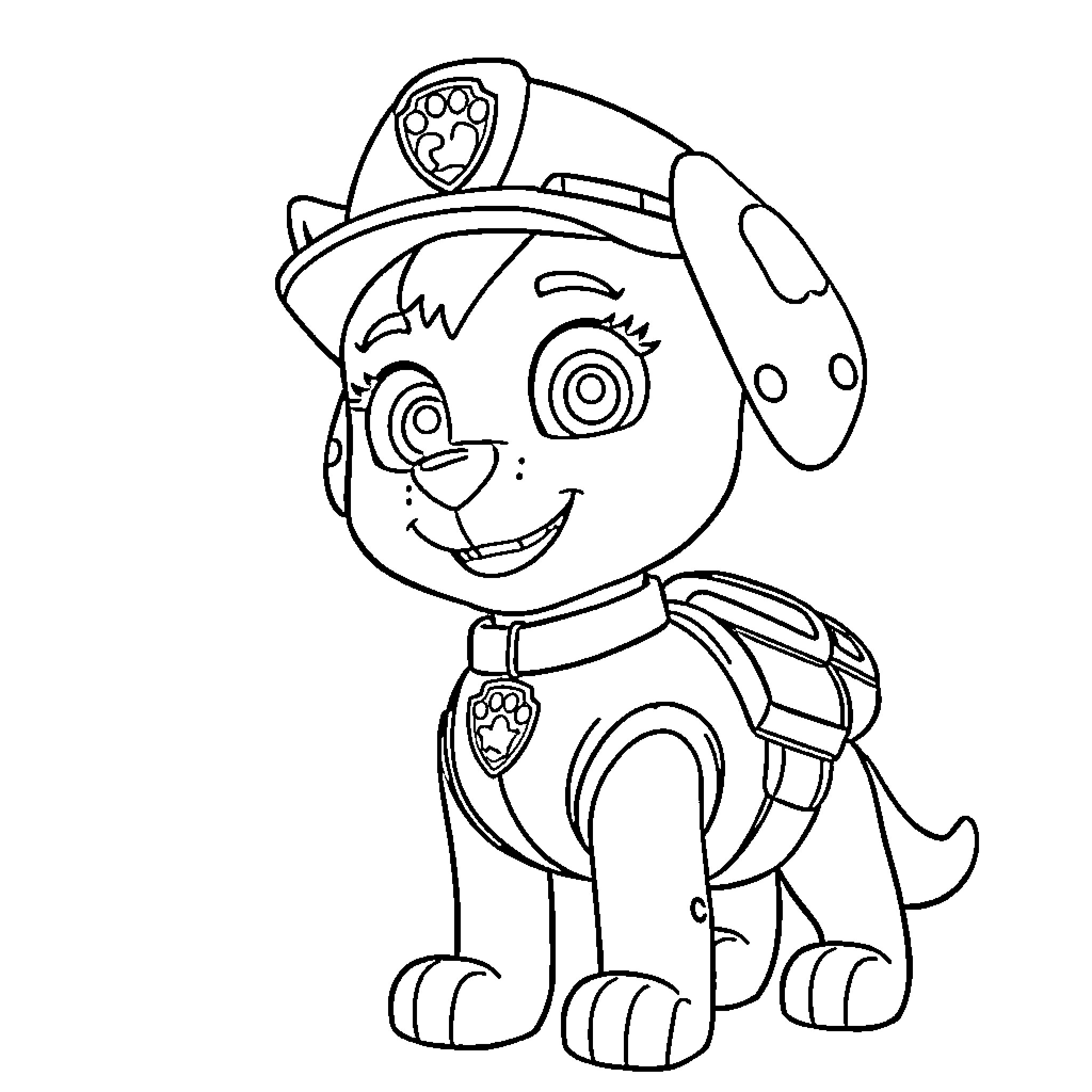Stella the Paw Patrol Pup Ready for Action Coloring Page (free black-and-white line drawing printable PDF for all, from beginners to advanced learners, including children, teens, adults, and seniors)