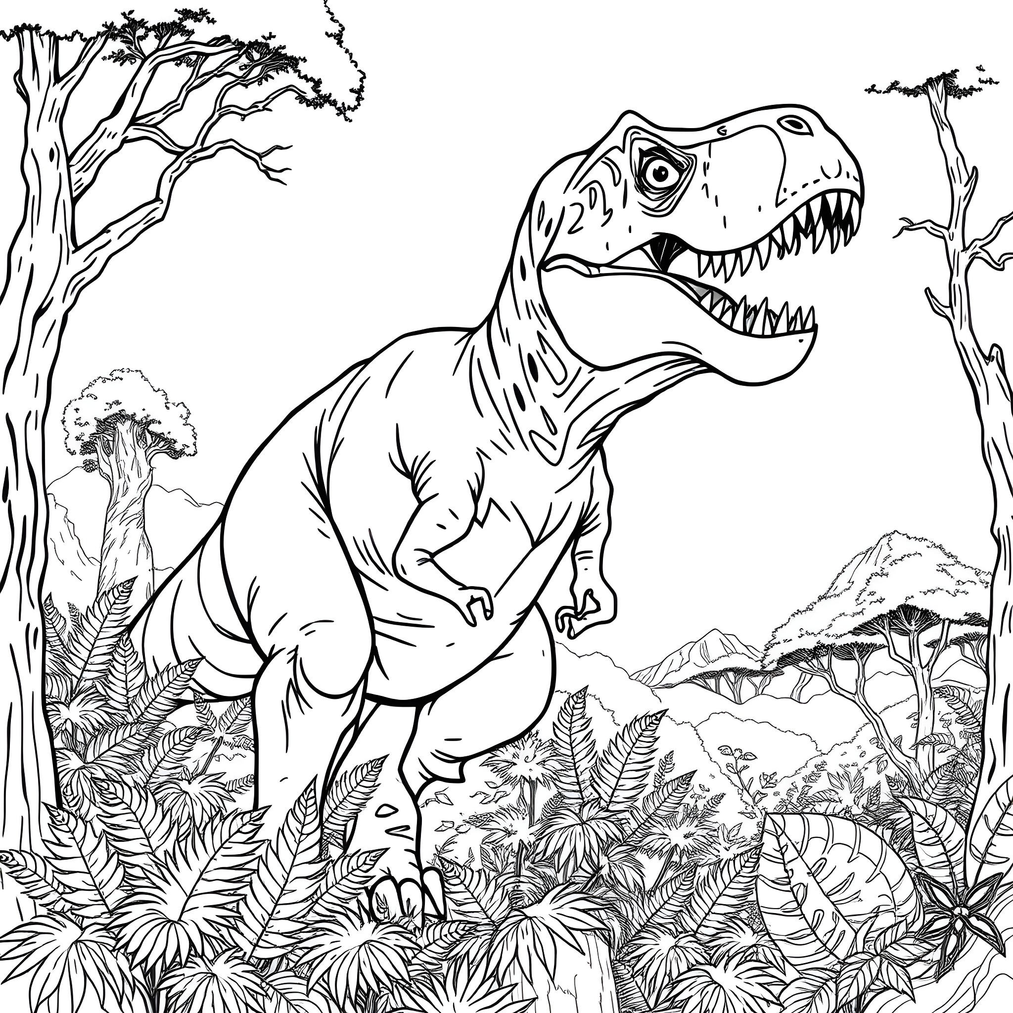 T-Rex roaring fiercely in the prehistoric forest Coloring Page (free black-and-white line drawing printable PDF for all, from beginners to advanced learners, including children, teens, adults, and seniors)