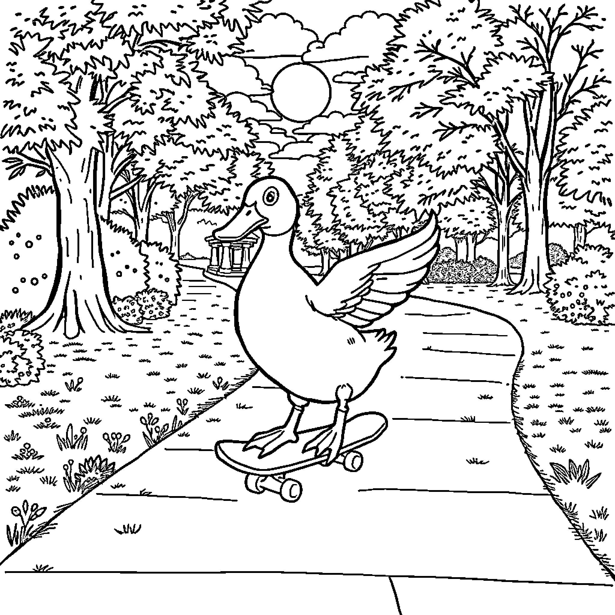 Duck riding a skateboard in a forest landscape Coloring Page (free black-and-white line drawing printable PDF for all, from beginners to advanced learners, including children, teens, adults, and seniors)
