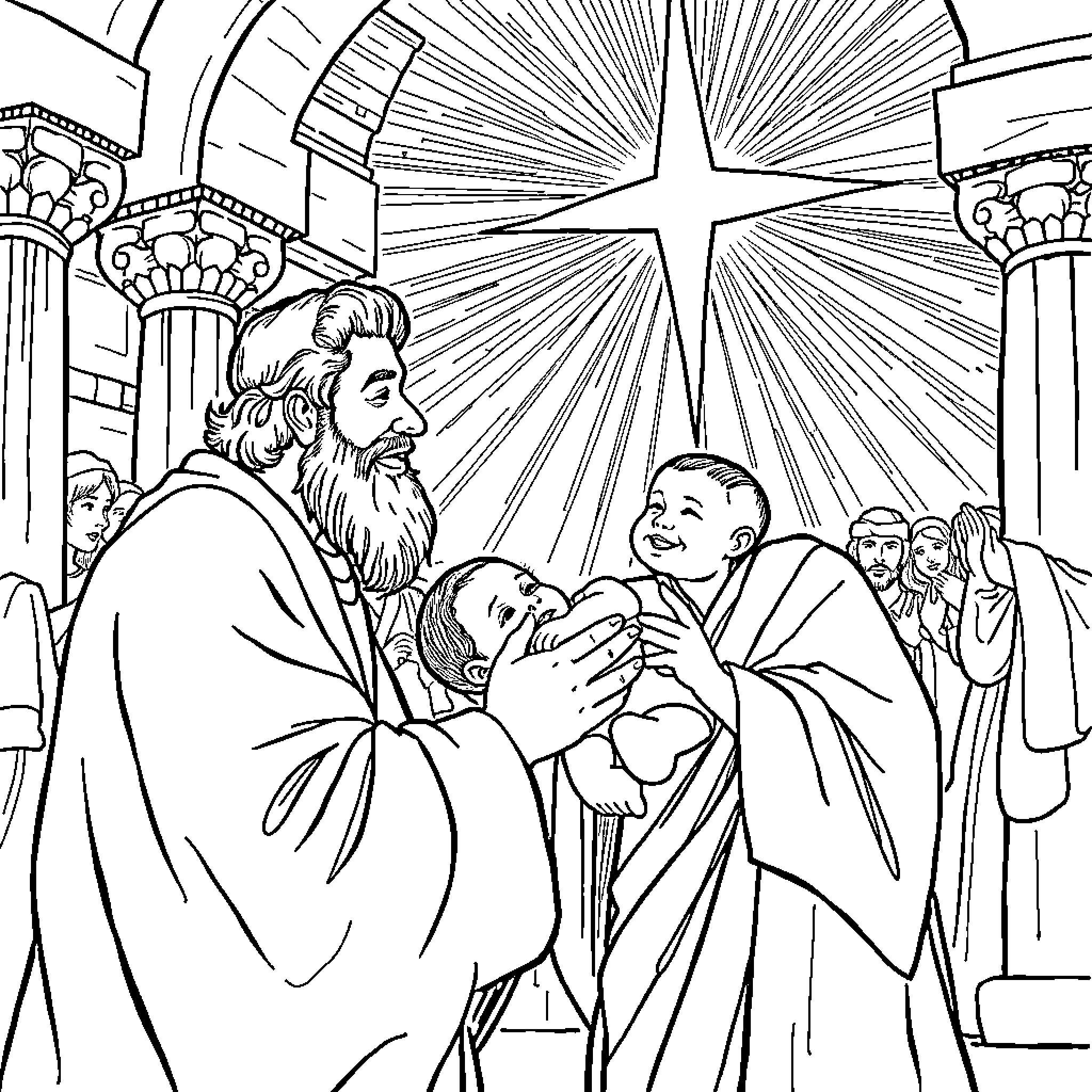 Simeon's Joyful Encounter with the Child Jesus Coloring Page (free black-and-white line drawing printable PDF for all, from beginners to advanced learners, including children, teens, adults, and seniors)