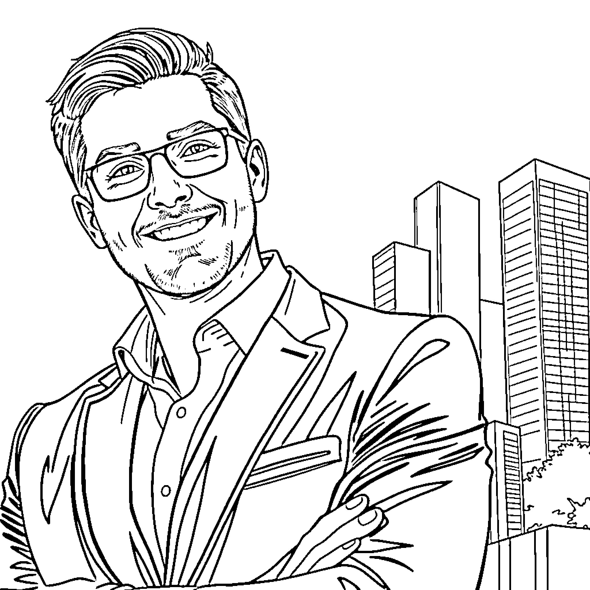 Hunter Gehring's Professional Portrait in a City Landscape Coloring Page (free black-and-white line drawing printable PDF for all, from beginners to advanced learners, including children, teens, adults, and seniors)