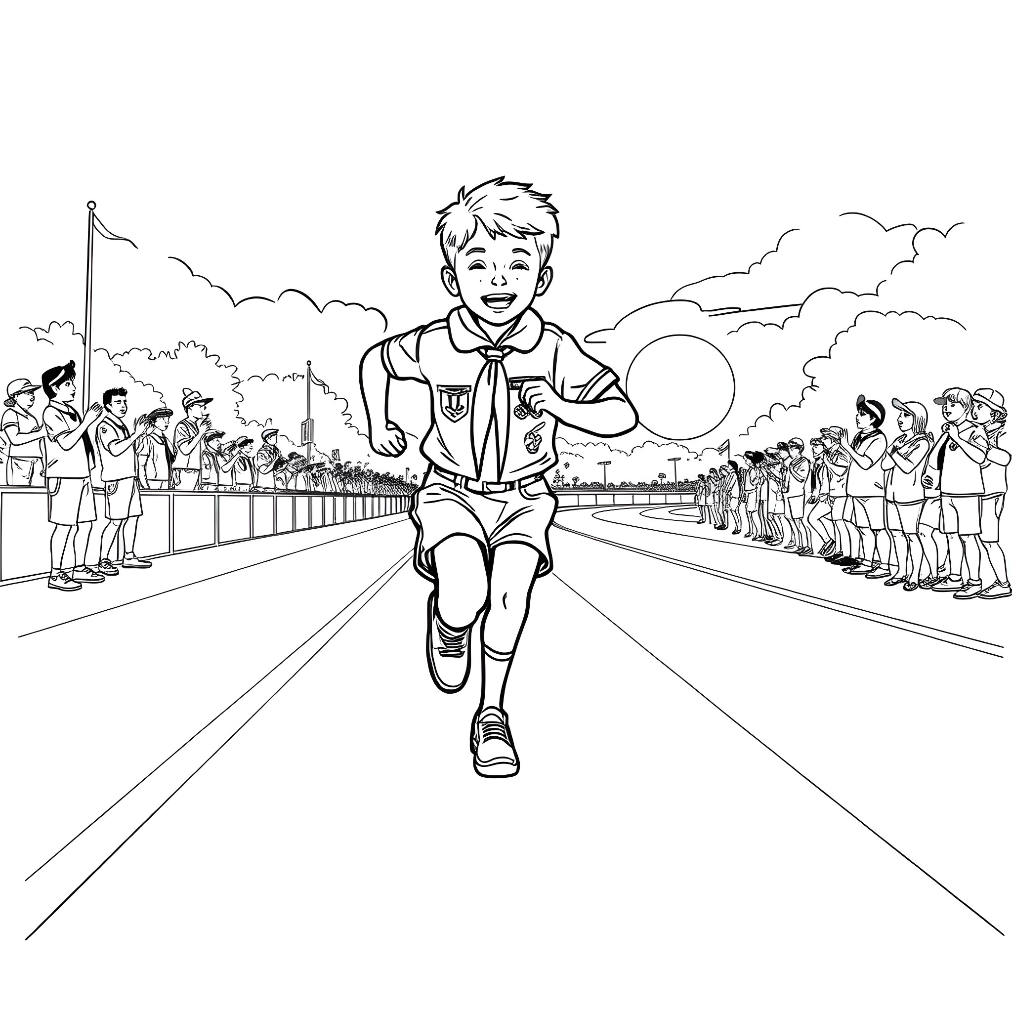 Boy Scout running in competition with crowd cheering Coloring Page (free black-and-white line drawing printable PDF for all, from beginners to advanced learners, including children, teens, adults, and seniors)