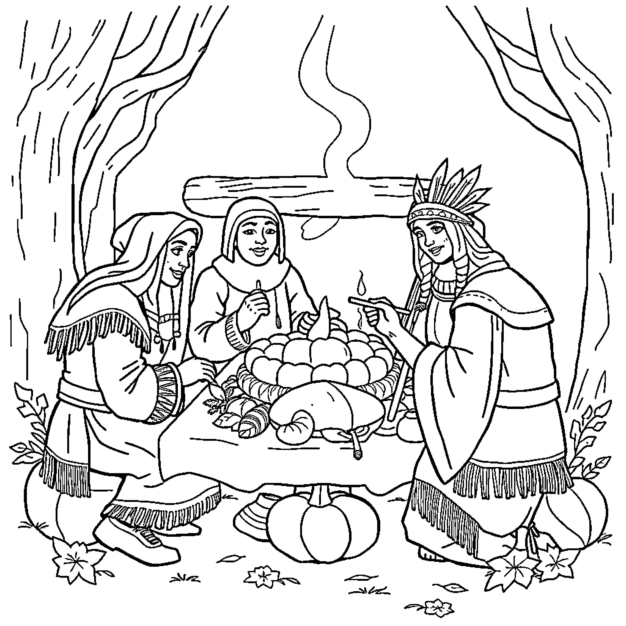 Thanksgiving Native American Family Gathering Coloring Page (free black-and-white line drawing printable PDF for all, from beginners to advanced learners, including children, teens, adults, and seniors)