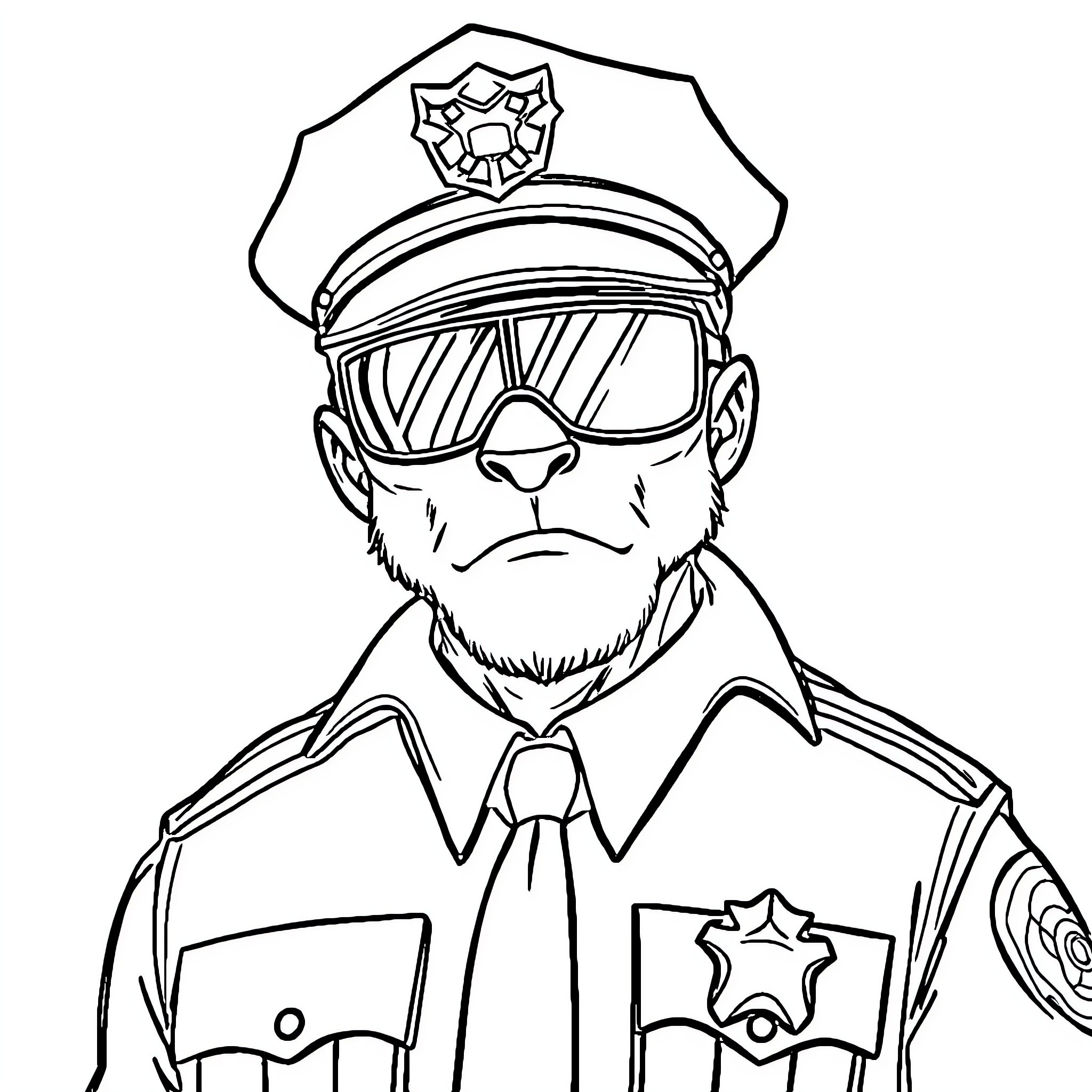 Cyclops police officer in uniform and sunglasses Coloring Page (free black-and-white line drawing printable PDF for all, from beginners to advanced learners, including children, teens, adults, and seniors)