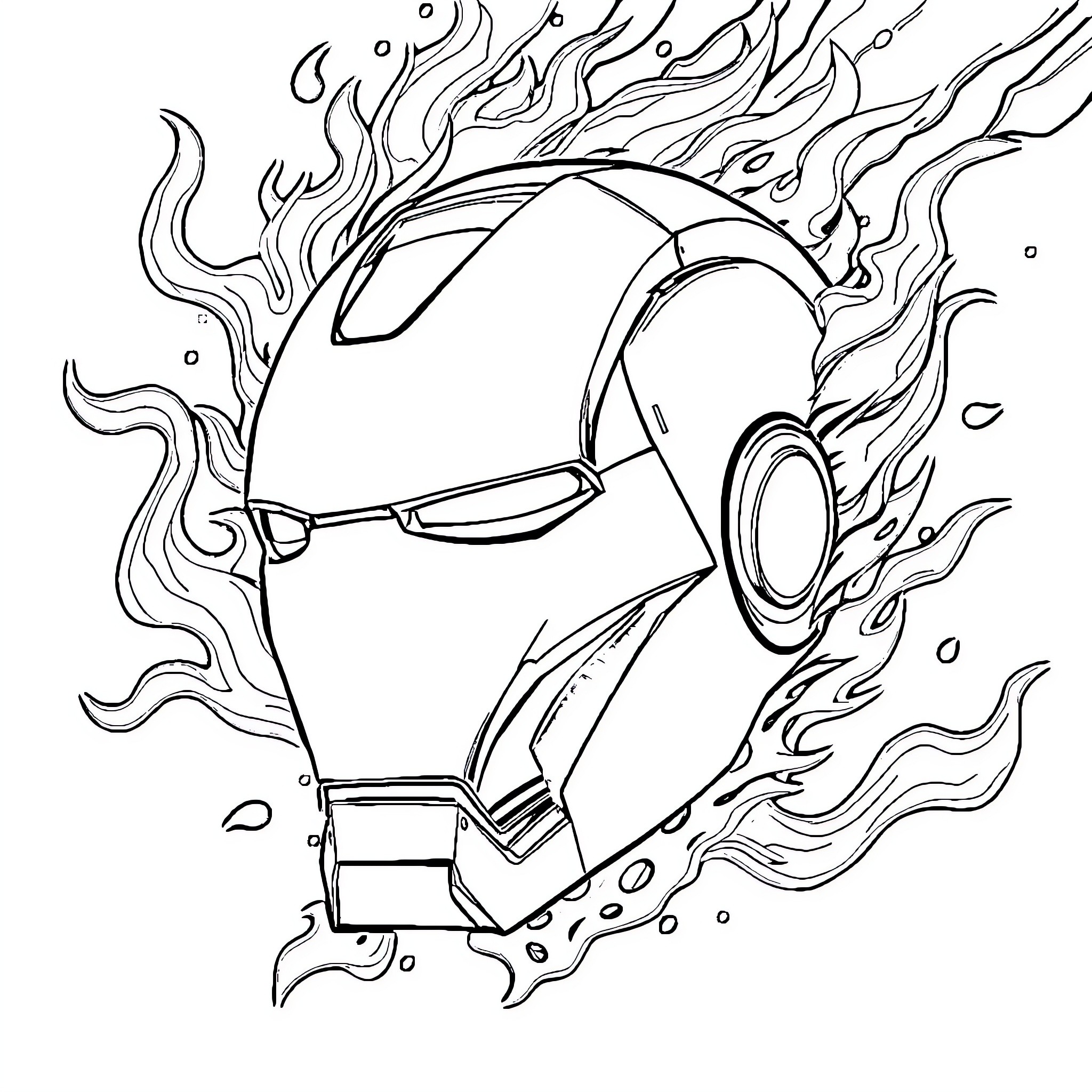 Ironman Superhero in Fiery Action Pose Coloring Page (free black-and-white line drawing printable PDF for all, from beginners to advanced learners, including children, teens, adults, and seniors)