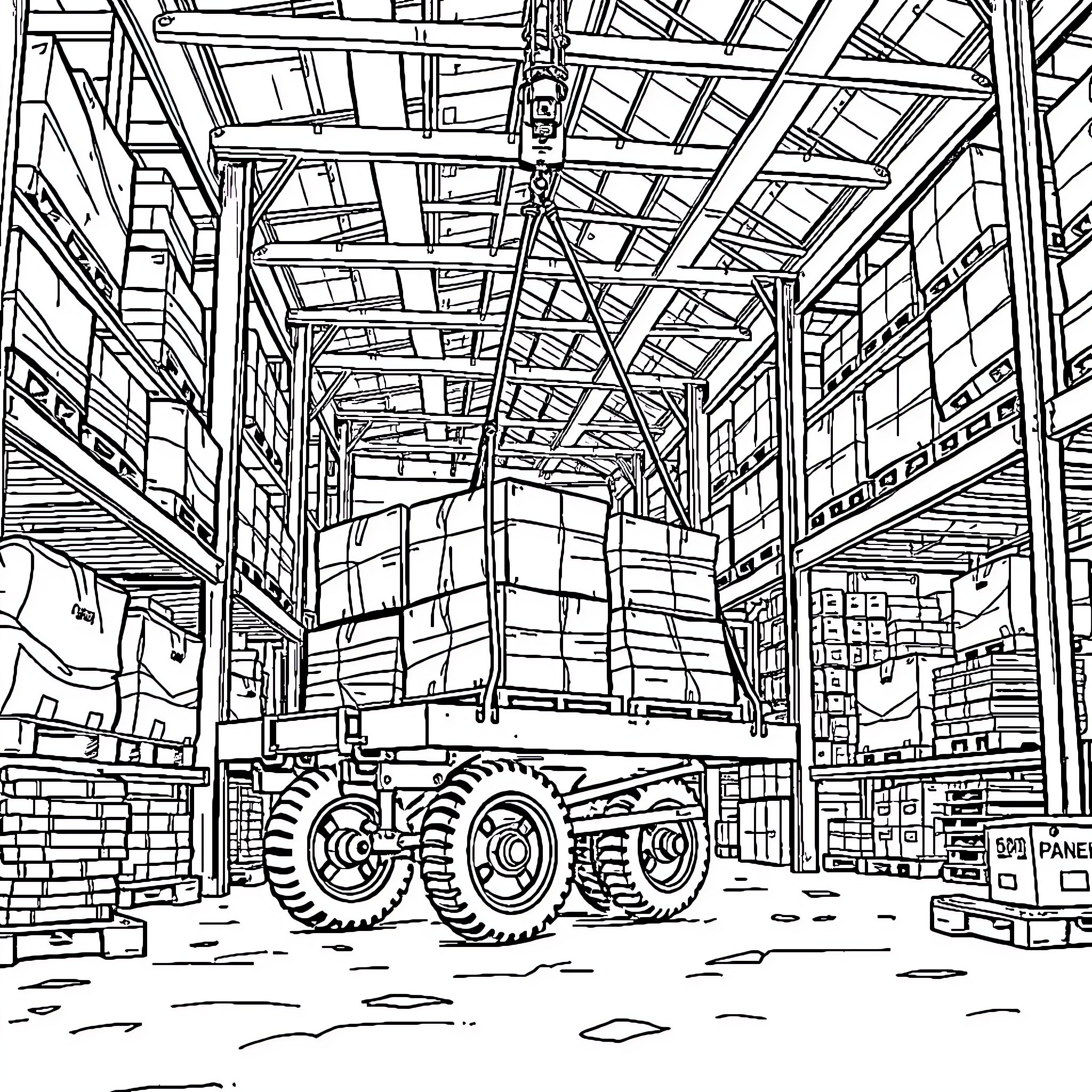 Chariot-like Vehicle in Warehouse Storage Coloring Page (free black-and-white line drawing printable PDF for all, from beginners to advanced learners, including children, teens, adults, and seniors)