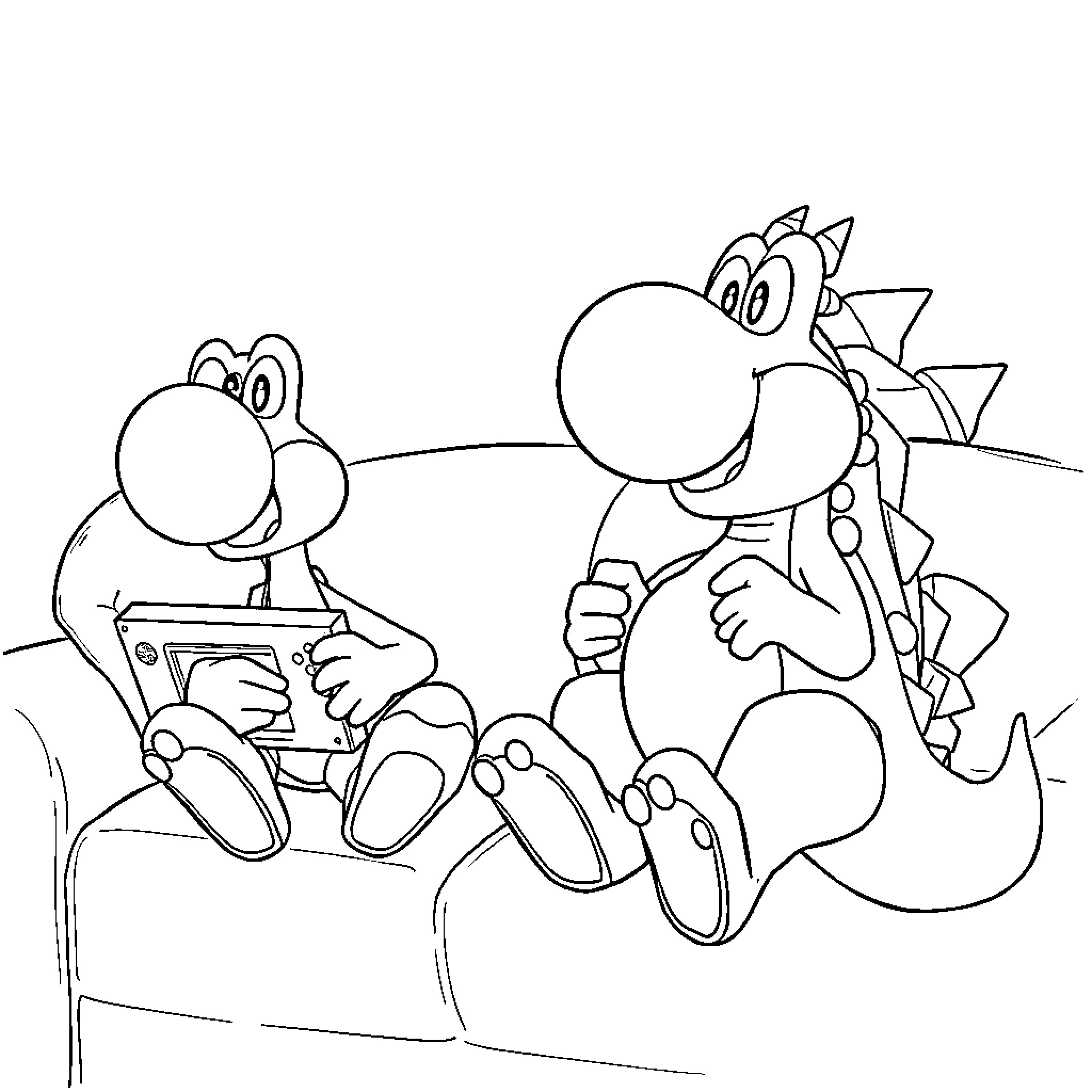Yoshi characters playing together on a couch Coloring Page (free black-and-white line drawing printable PDF for all, from beginners to advanced learners, including children, teens, adults, and seniors)