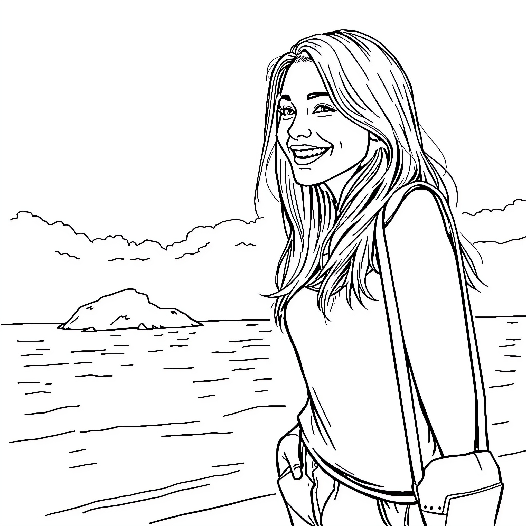 Woman enjoying scenic ocean view Coloring Page (free black-and-white line drawing printable PDF for all, from beginners to advanced learners, including children, teens, adults, and seniors)