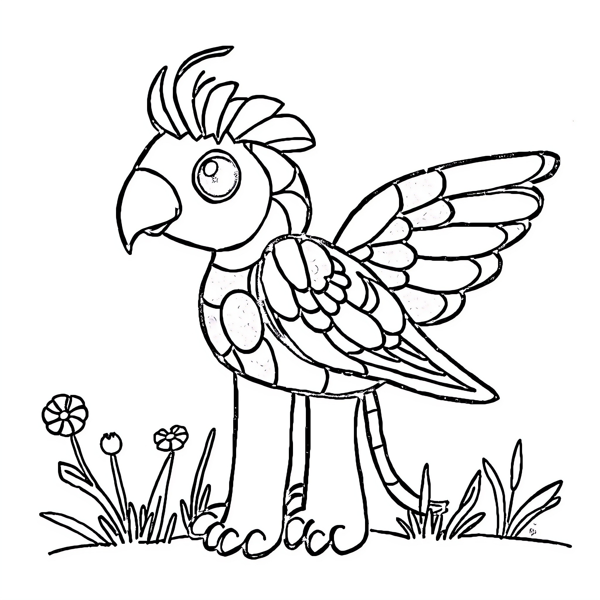 Kid Colorful Parrot in Nature Scene Coloring Page (free black-and-white line drawing printable PDF for all, from beginners to advanced learners, including children, teens, adults, and seniors)