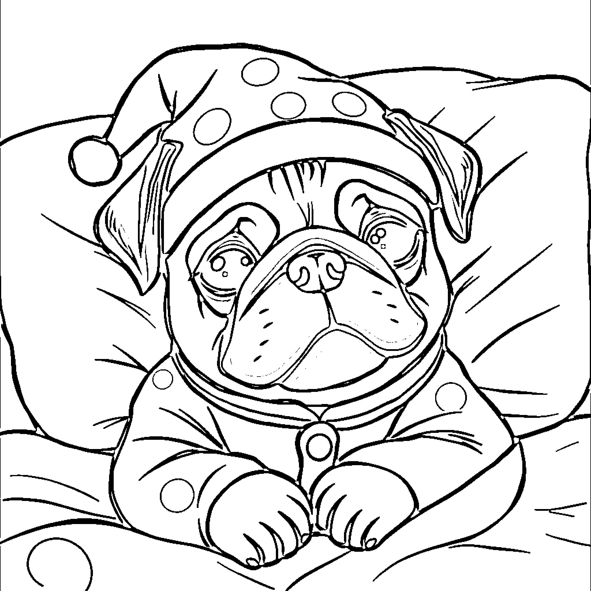 Pug in a Fun and Playful Outfit Coloring Page (free black-and-white line drawing printable PDF for all, from beginners to advanced learners, including children, teens, adults, and seniors)