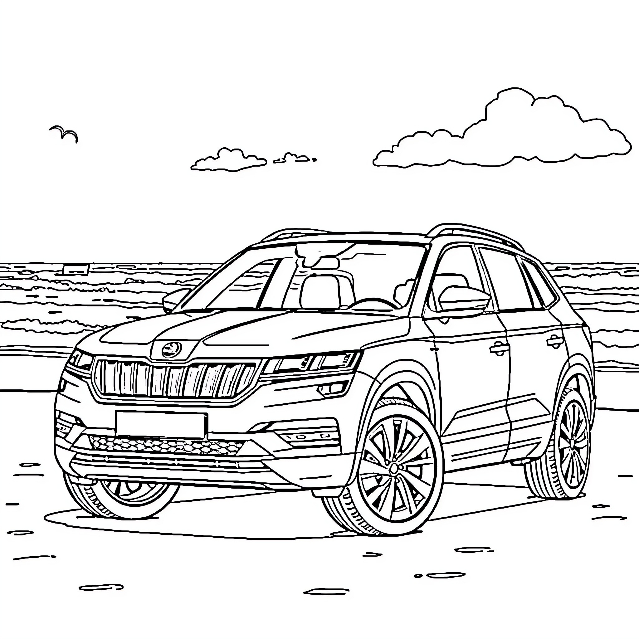 Skoda Kodiaq SUV on the beach Coloring Page (free black-and-white line drawing printable PDF for all, from beginners to advanced learners, including children, teens, adults, and seniors)