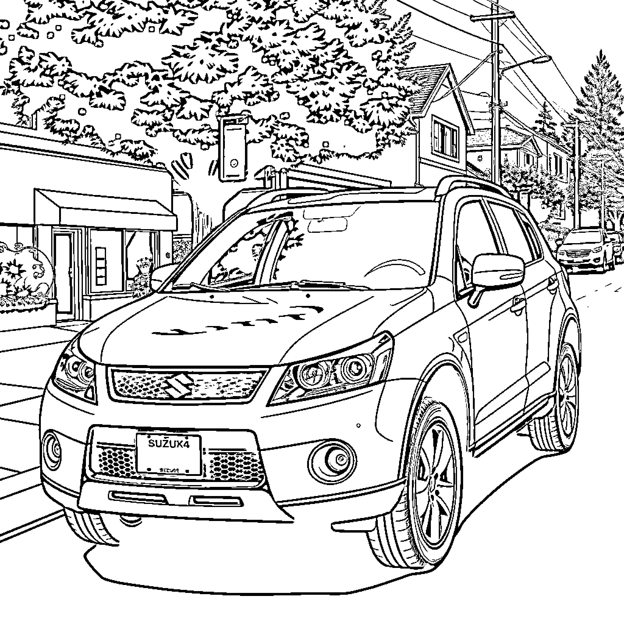 Suzuki SX4 parked on a suburban street Coloring Page (free black-and-white line drawing printable PDF for all, from beginners to advanced learners, including children, teens, adults, and seniors)