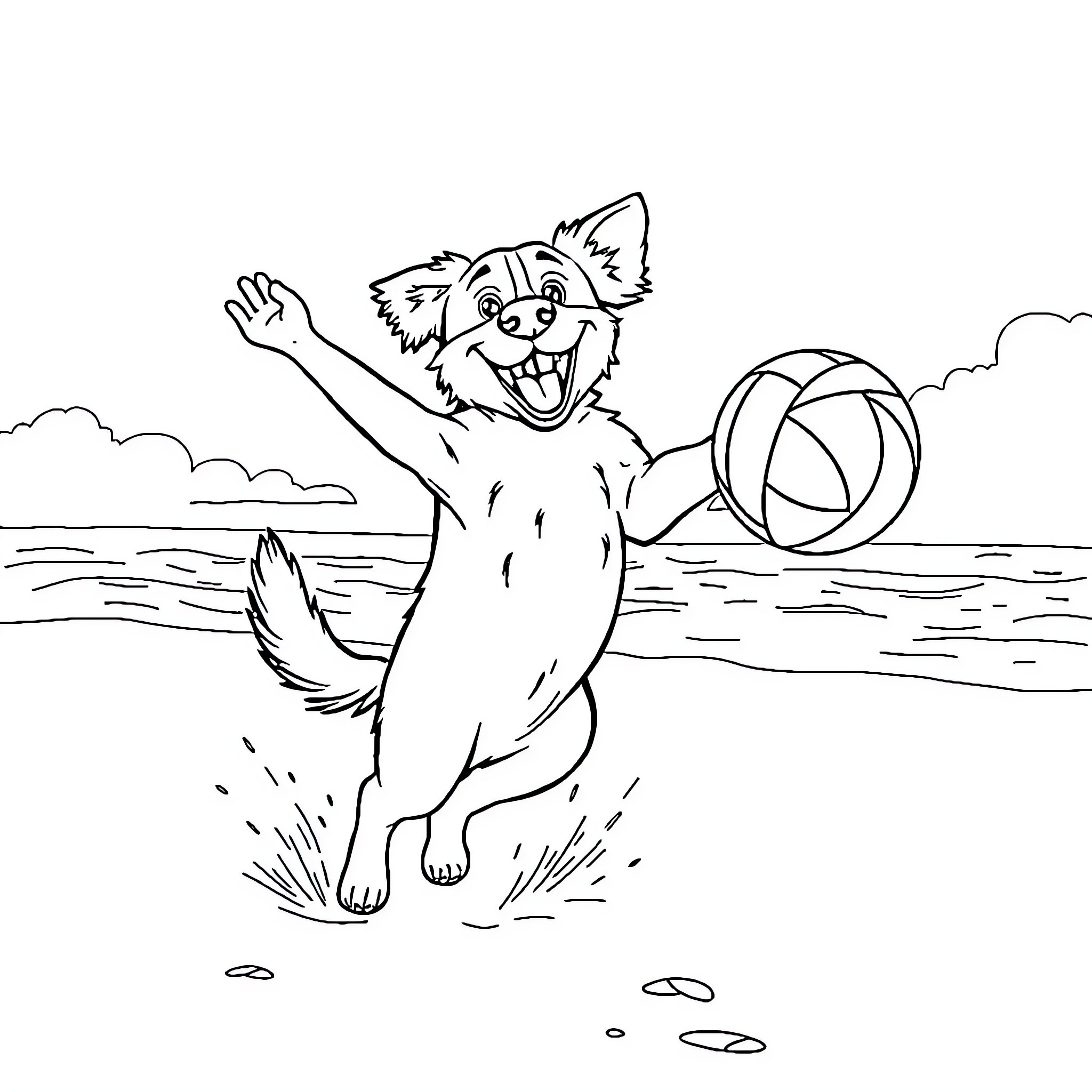 Dog playing happily with beach ball Coloring Page (free black-and-white line drawing printable PDF for all, from beginners to advanced learners, including children, teens, adults, and seniors)