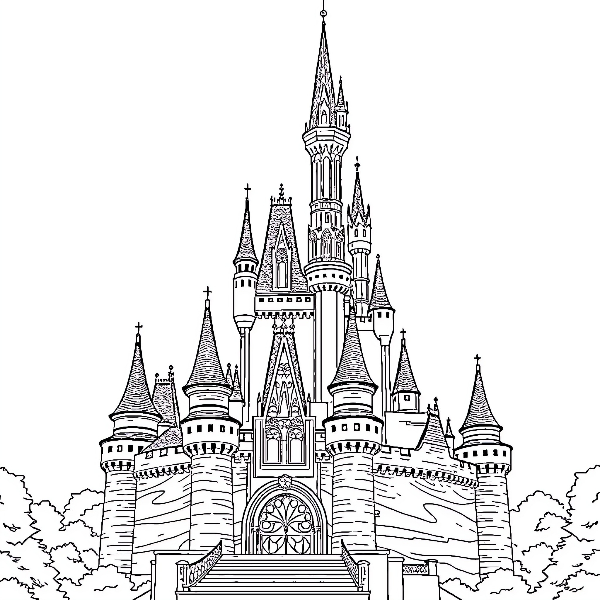 Disney Castle with Intricate Architectural Details Coloring Page (free black-and-white line drawing printable PDF for all, from beginners to advanced learners, including children, teens, adults, and seniors)