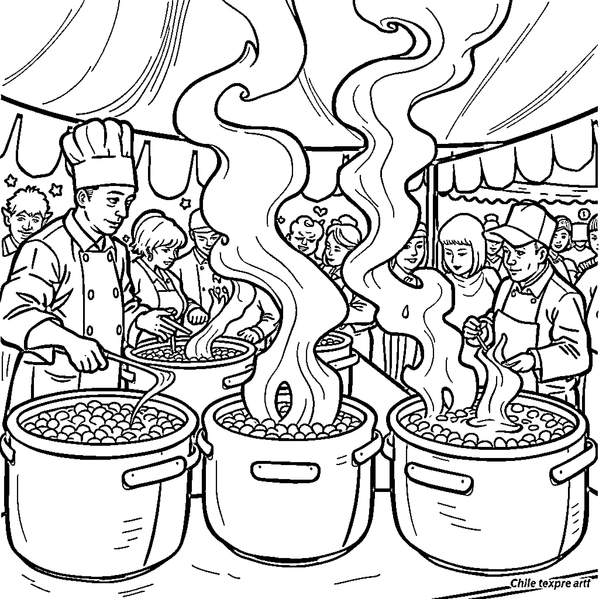 Chili Cooking Competition with Busy Chefs Coloring Page (free black-and-white line drawing printable PDF for all, from beginners to advanced learners, including children, teens, adults, and seniors)