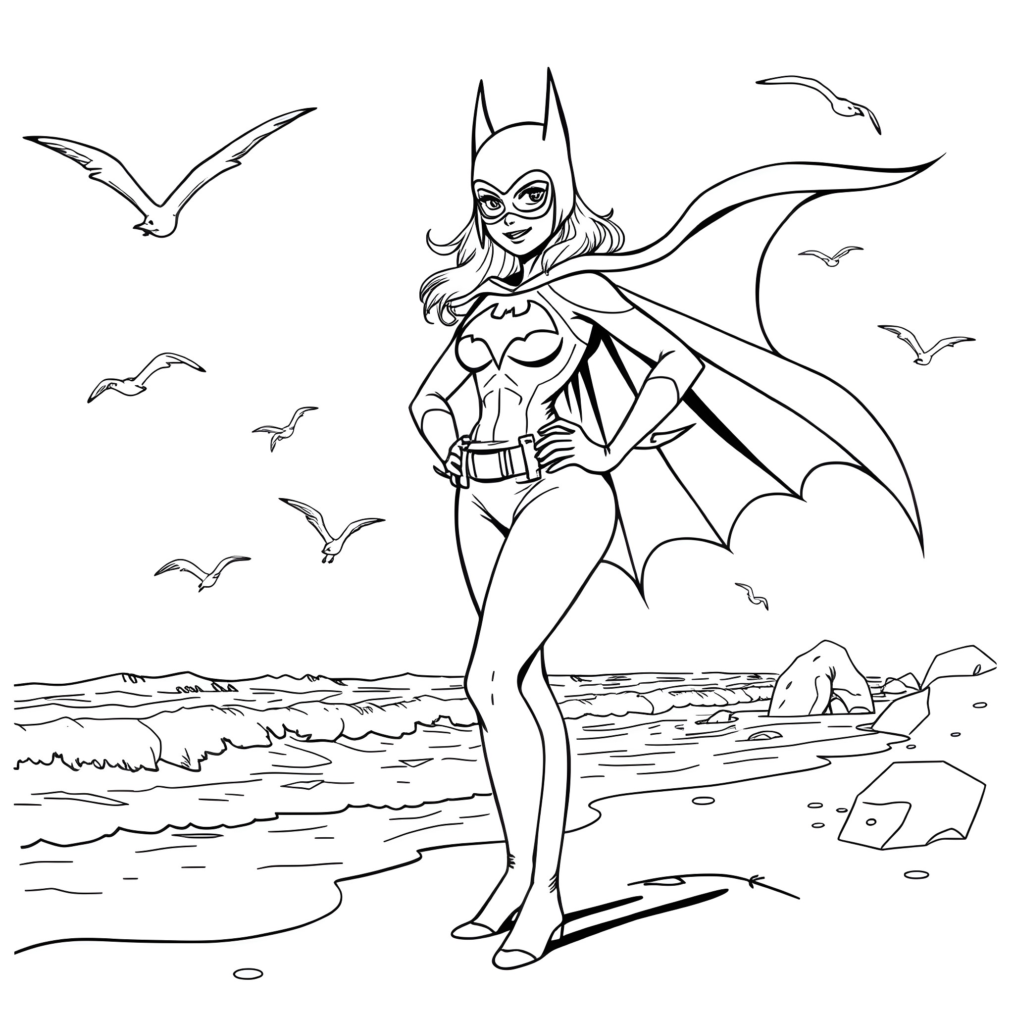 Batgirl in heroic pose on the beach Coloring Page (free black-and-white line drawing printable PDF for all, from beginners to advanced learners, including children, teens, adults, and seniors)