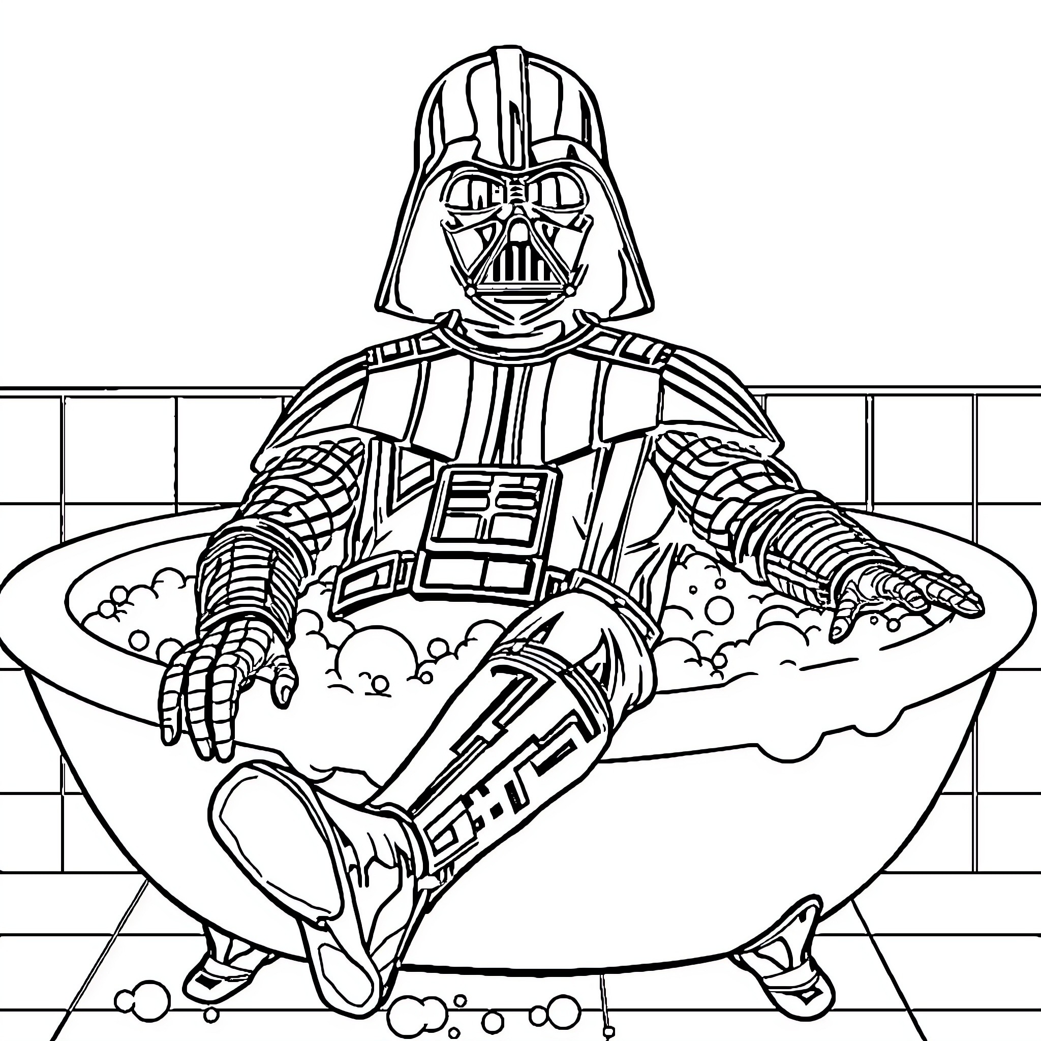 Darth Vader Relaxes in a Bubble Bath Coloring Page (free black-and-white line drawing printable PDF for all, from beginners to advanced learners, including children, teens, adults, and seniors)