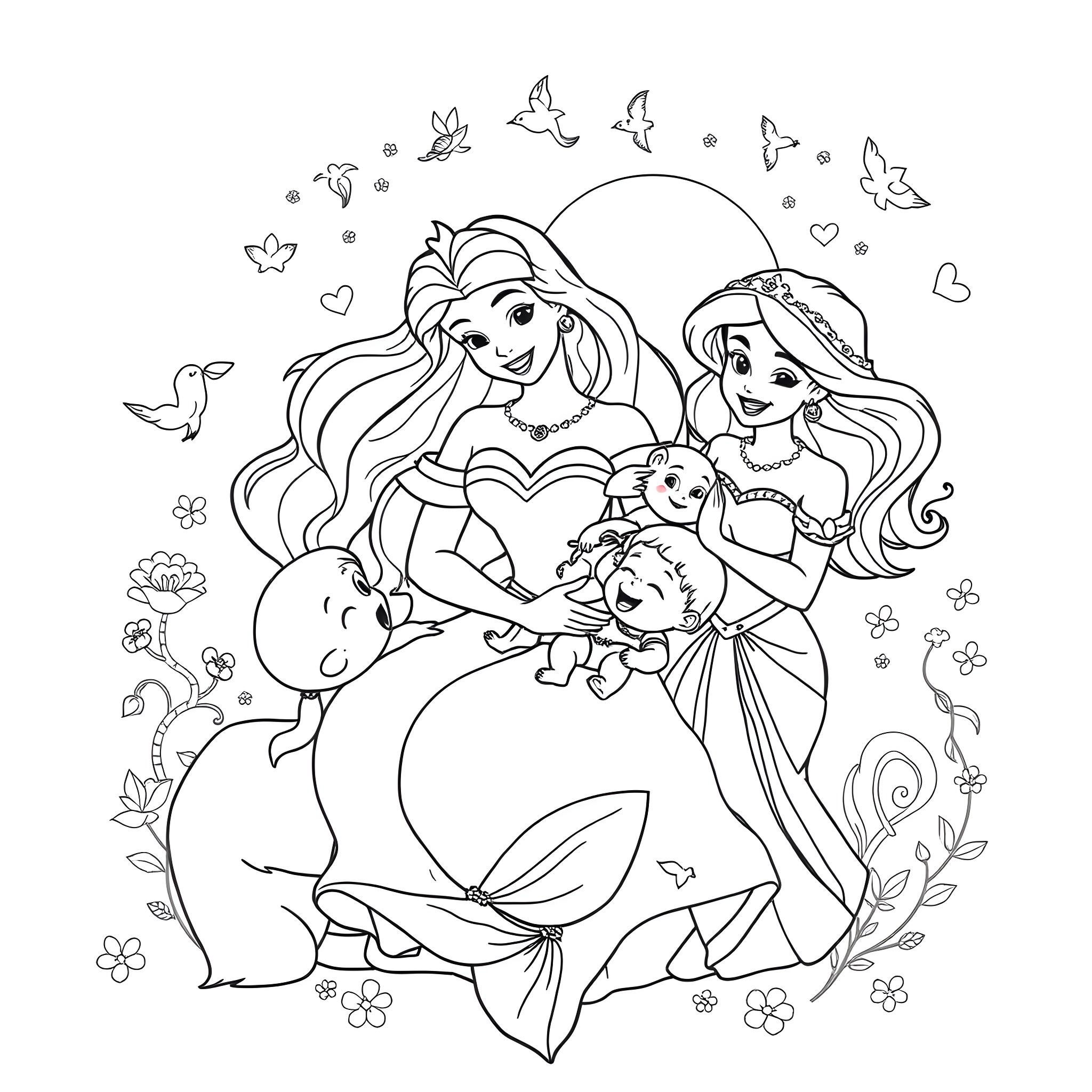 Disney Princess Mermaids Happily Caring for Sea Creatures Coloring Page (free black-and-white line drawing printable PDF for all, from beginners to advanced learners, including children, teens, adults, and seniors)