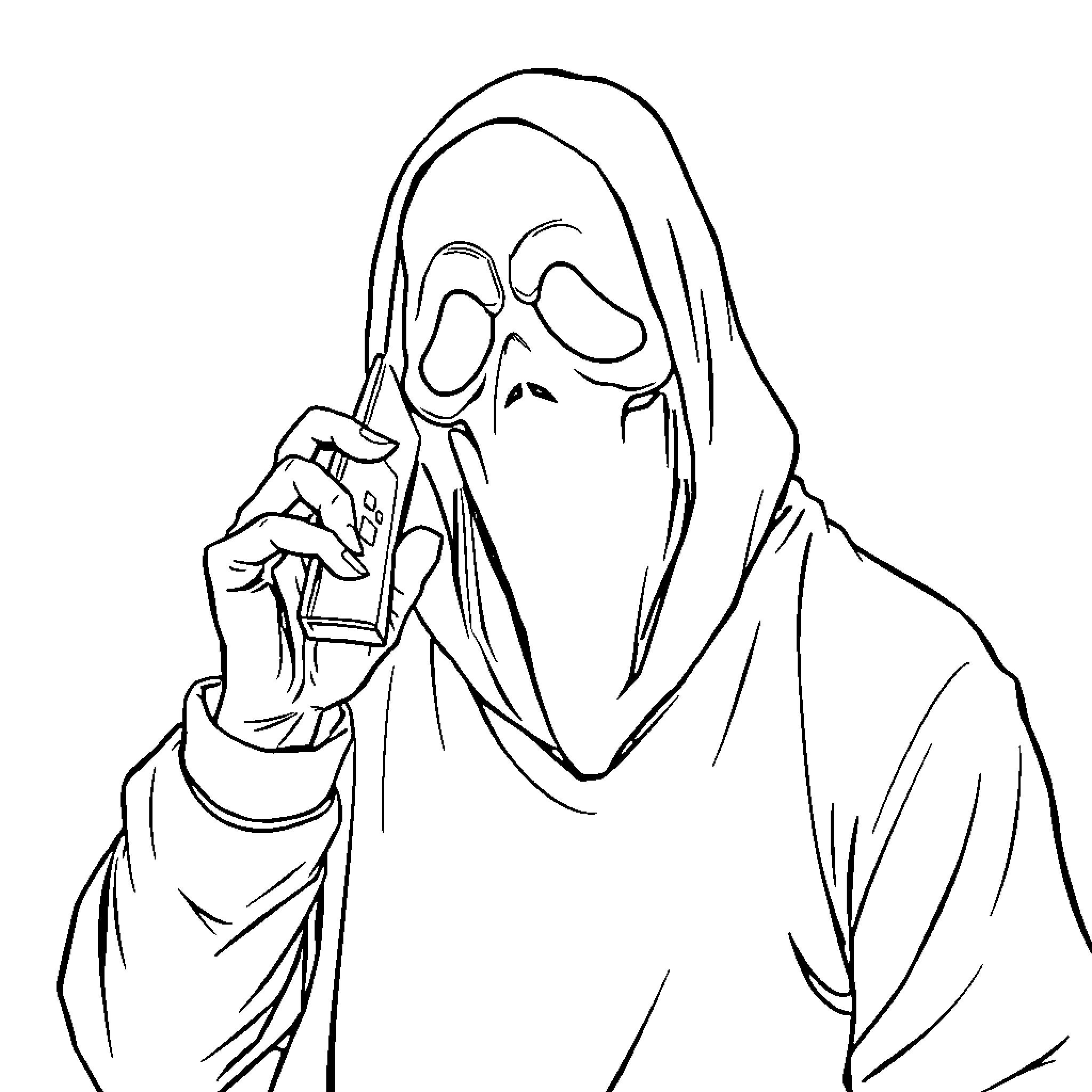 Ghostface figure wielding a knife in a sinister pose Coloring Page (free black-and-white line drawing printable PDF for all, from beginners to advanced learners, including children, teens, adults, and seniors)